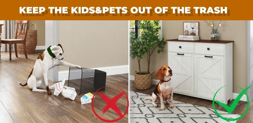 Farmhouse Double Tilt Out Trash Cabinet for 20 Gallon Trash Cans, Free Standing Recycling Cabinet with Hideaway Drawer, Barn Door Style Laundry Sorter Cabinet, Tilt Out Trash Cabinet for Kitchen