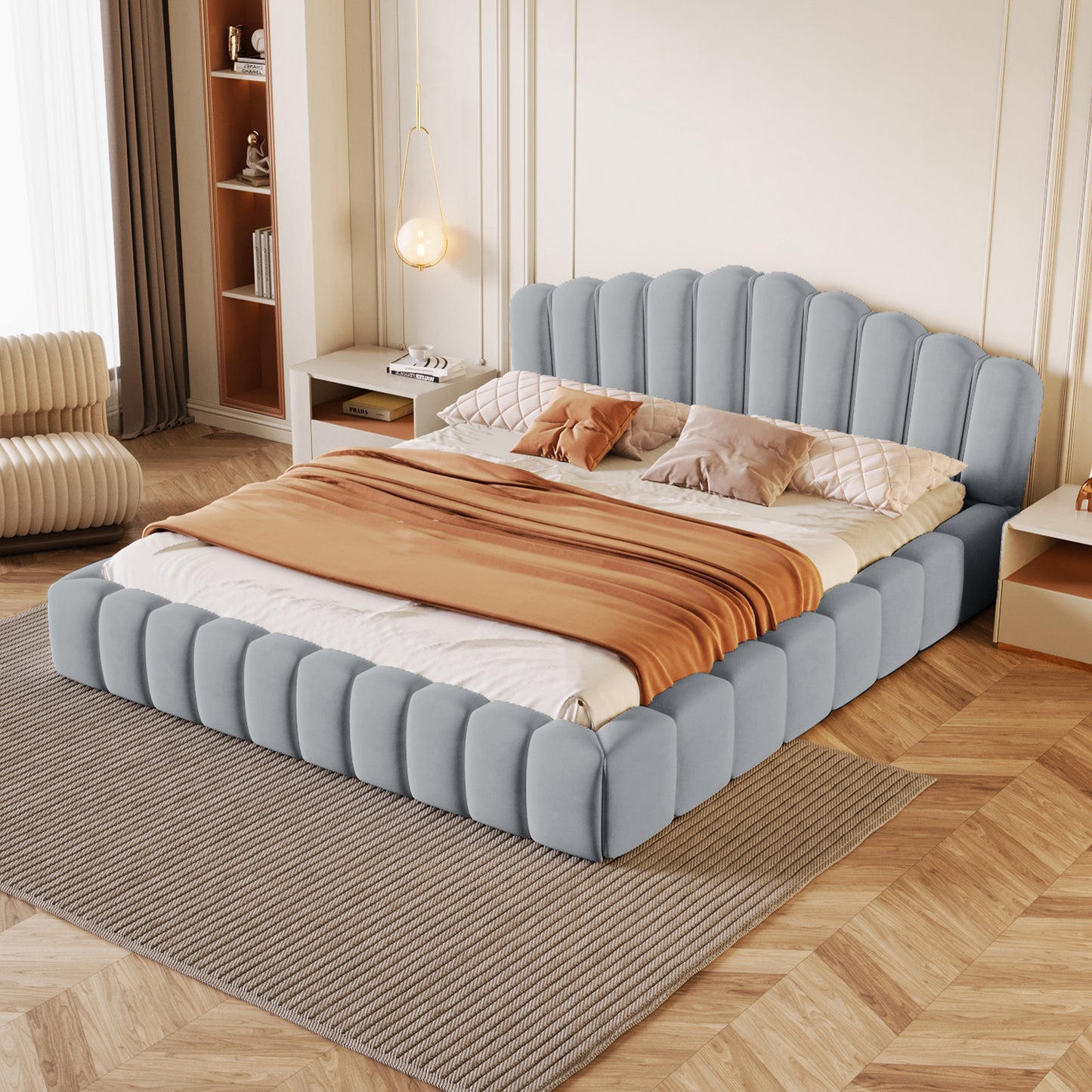 Cama Queen tapizada en terciopelo con marco de suelo y cabecero en forma de concha para dormitorio, sin necesidad de somier, color azul claro