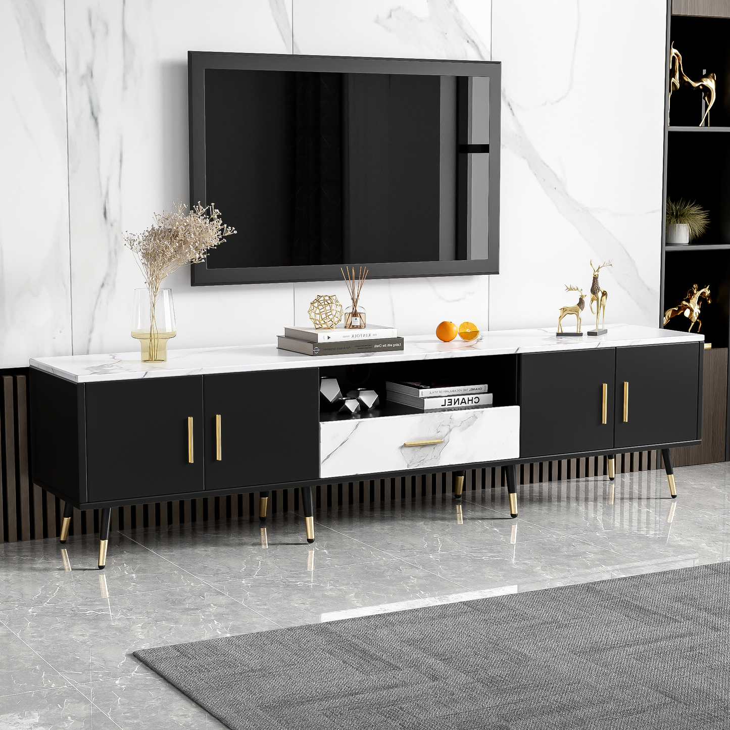 71'' Modern TV Stand with 2 Cabinets& Open Compartments, Entertainment Center for TVs up to 80'', Television Console for Living Room, Bedroom, Home Theatre
