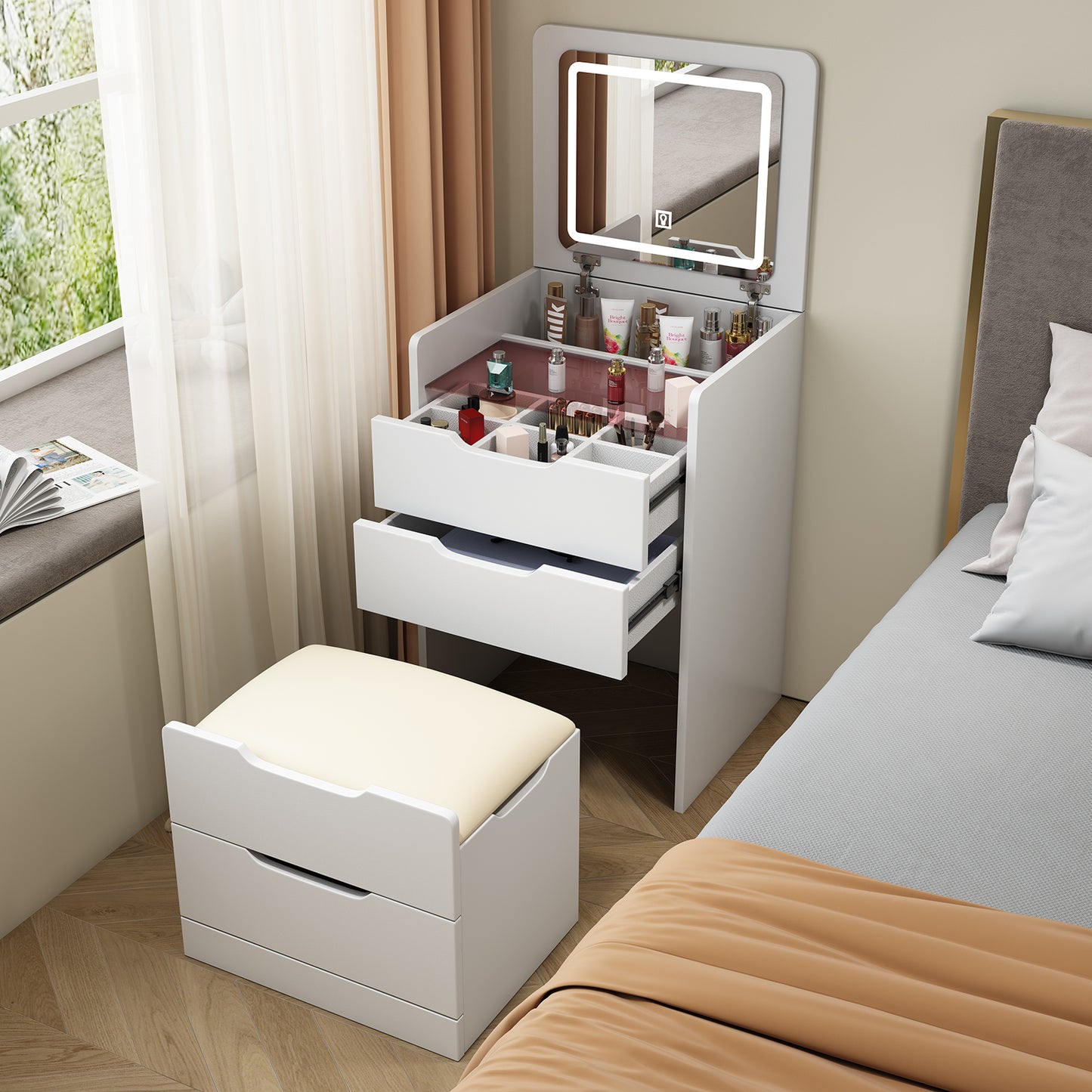 3 in 1 Vanity Desk with Plip Top Mirror,Small Make Up Vanity Set with Visible Glass Desktop,Compact Makeup Vanity with 3 Drawers,Cushioned Tool,Dressing Table for Bedroom, Xmas Christmas Gift