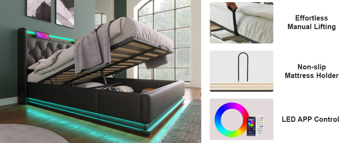Full size Upholstered bed, 360 surround LED function, Buttons/Apps/Remote Control, hydraulic storage bed with USB Type-C charging, Black,PU (Without mattress)