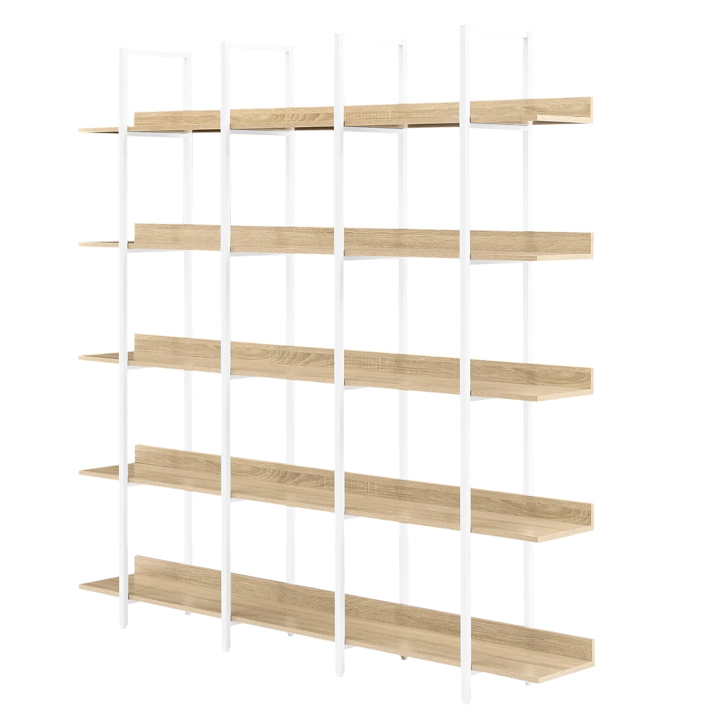 Librería de 5 niveles para oficina en casa, estilo industrial vintage, tablero de MDF, estructura de metal blanco, roble