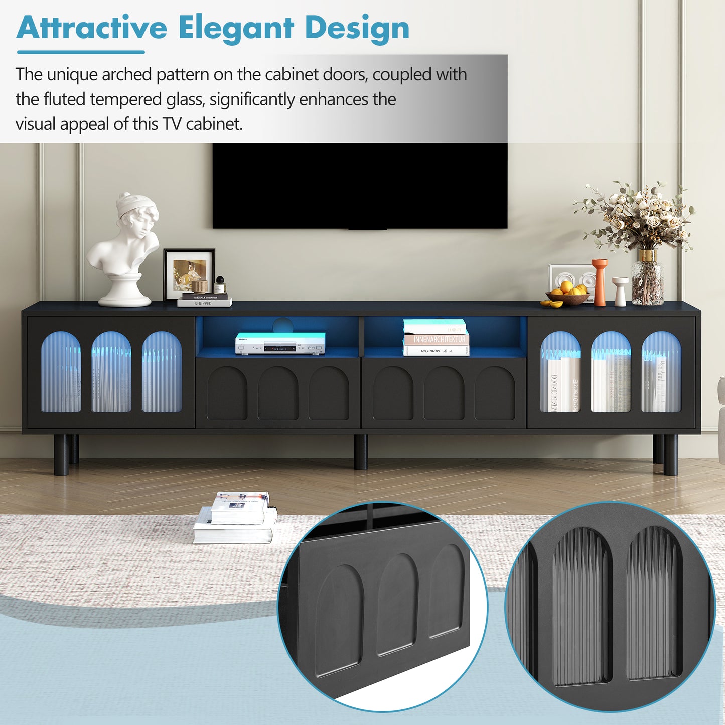 ON-TREND Cream Style TV Stand with LED Light Strip for TVs Up to 80'', Graceful Entertainment Center with 5 Solid Wood Legs, Large Storage Media Console with Fluted Tempered Glass Doors, Black