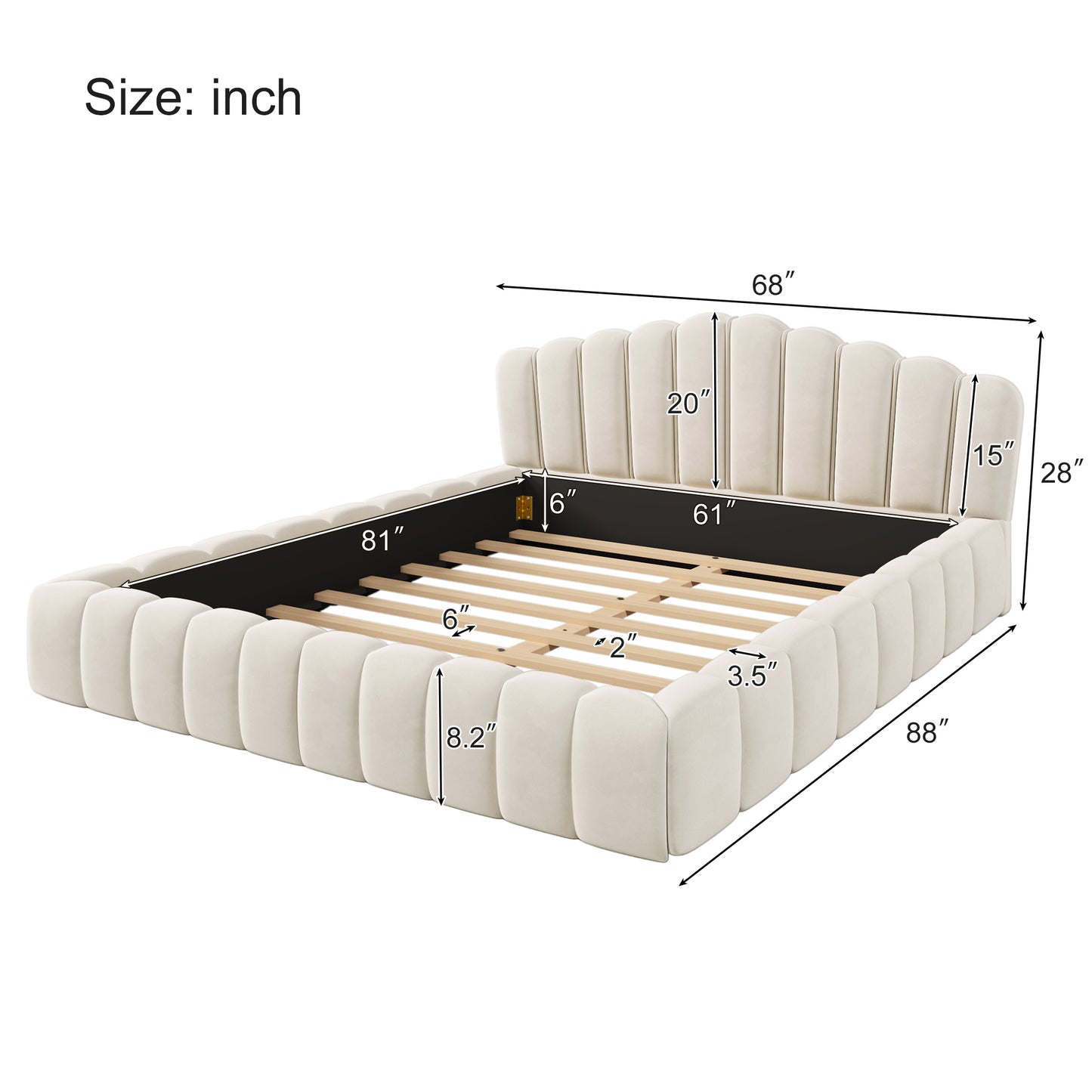 Cama Queen tapizada en terciopelo con cabecero en forma de concha para dormitorio (no necesita somier), color beige