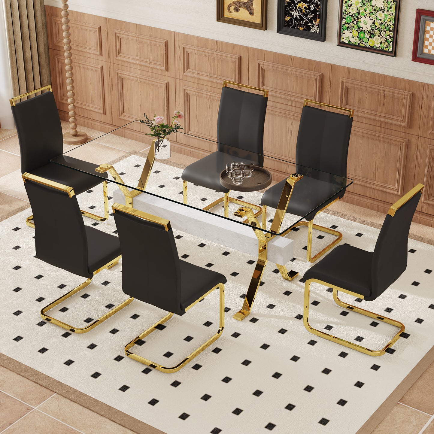 Table and chair set.Elegant Transparent Tempered Glass Dining Set - 71"x35.4" with 6 Black PU Chairs with golden C-tube metal leg.
