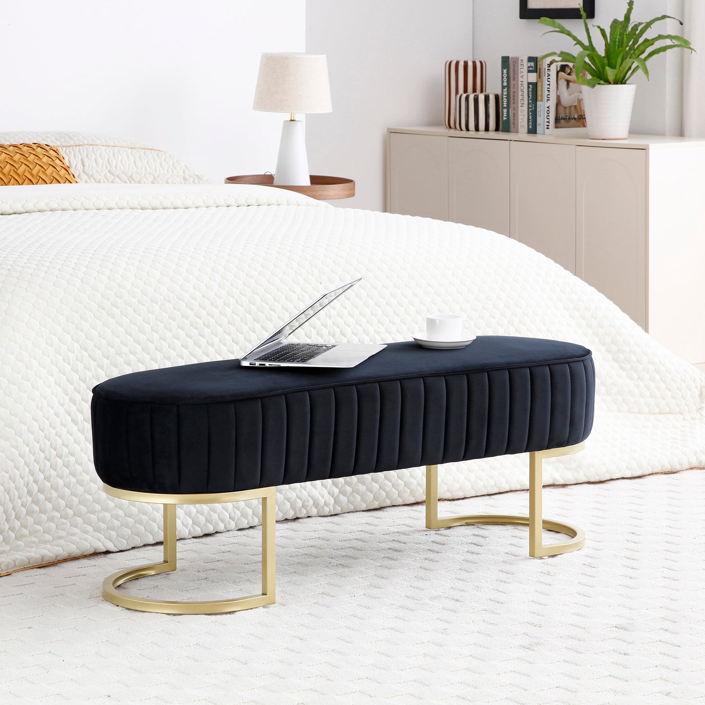 Banco otomano moderno de 120 cm de ancho, tapizado en tela sherpa, banco para el pie de cama, reposapiés, banco de entrada, mesa de centro para sala de estar y dormitorio, beige