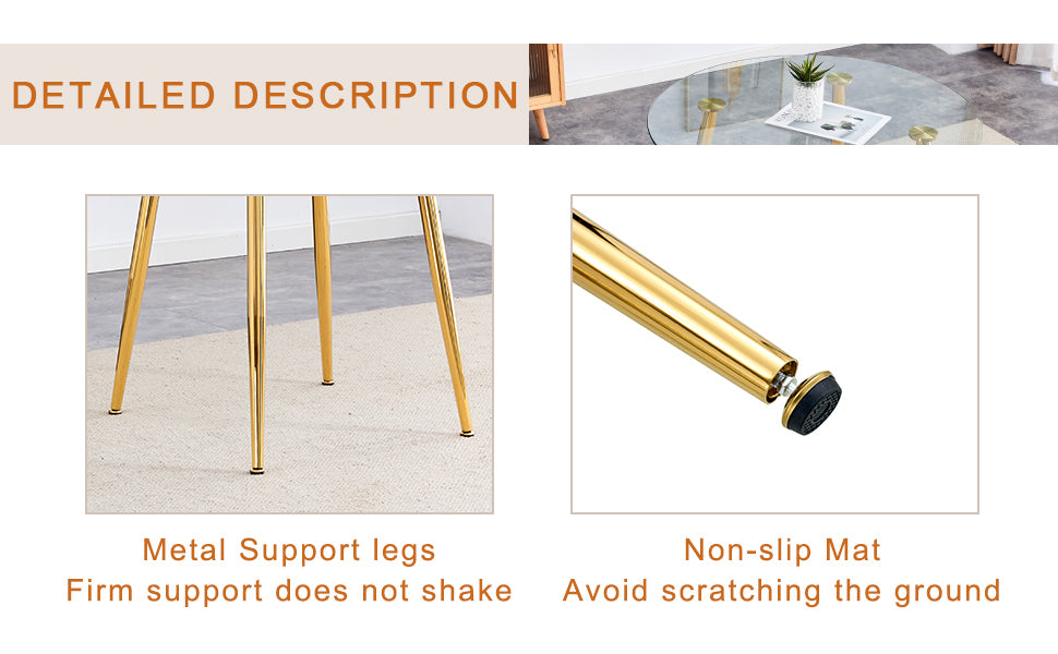 Table and chair set.36 Inch Diameter Modern Luxury Glass Dining Table and Chair Set - Gold Frame, Metal Legs.Two Black PU Chairs with Simple Line Designs On The Backrest.