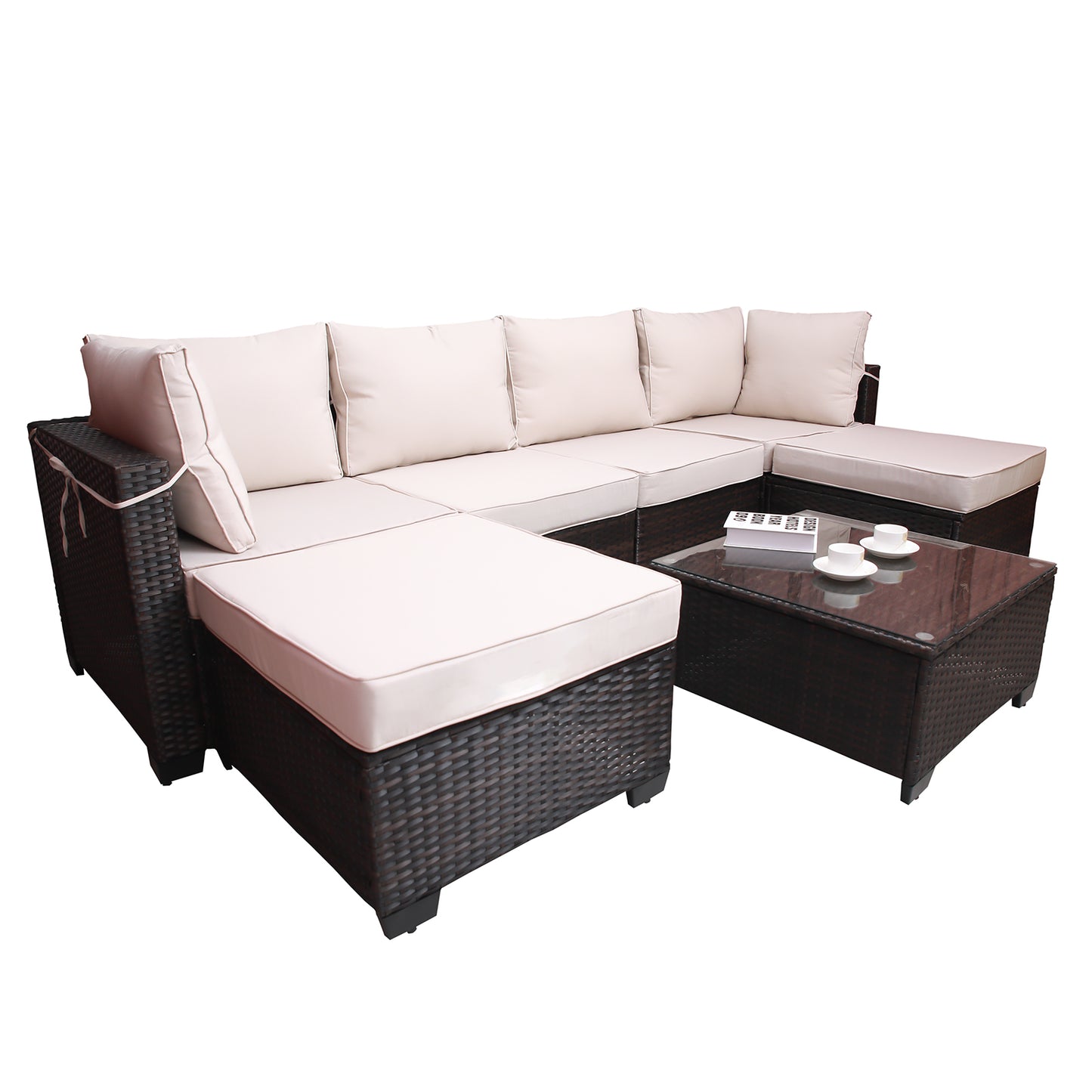 7pc Brown & Beige Patio Set – Outdoor Rattan Sectional w/ Glass Table