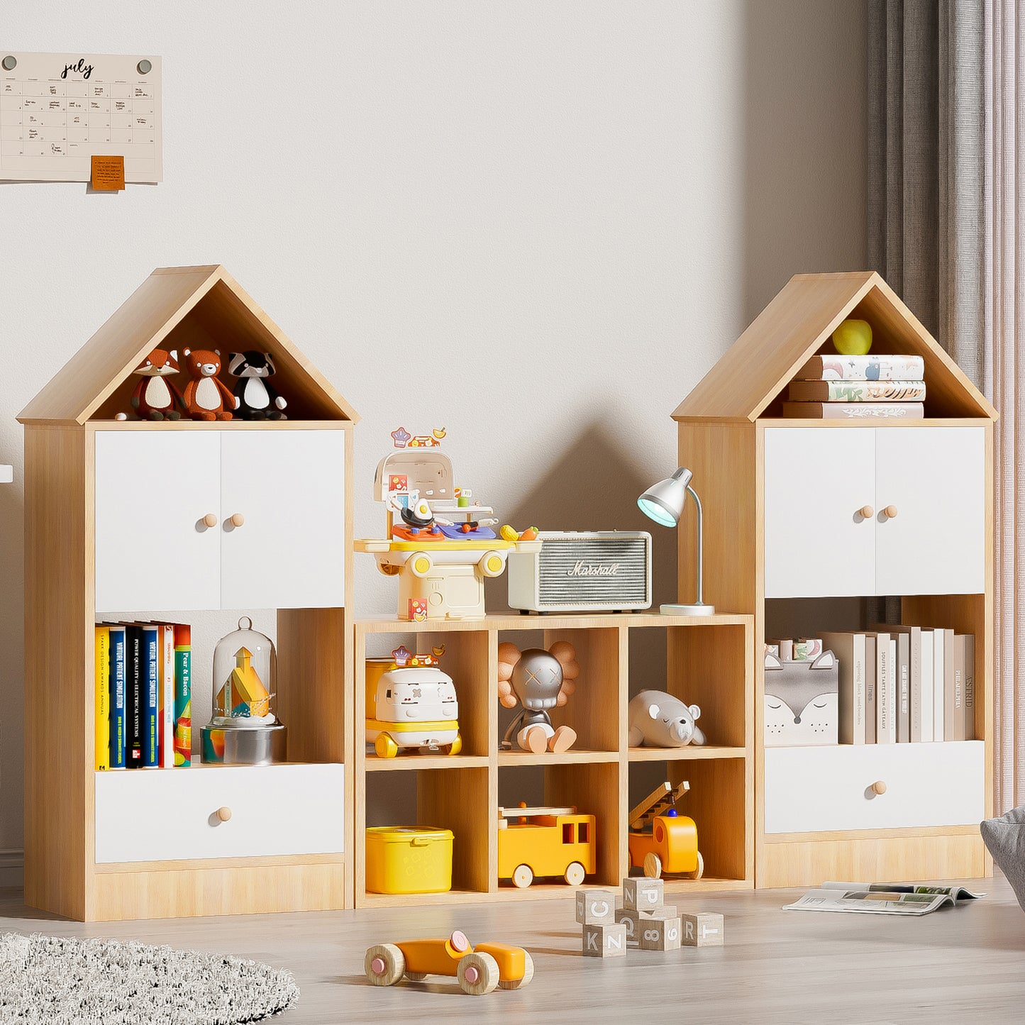 Estantería infantil versátil con diseño en forma de casa, almacenamiento multifuncional para libros y juguetes, ubicación ajustable, organizador infantil duradero para sala de juegos o dormitorio, fácil de montar y seguro para niños.