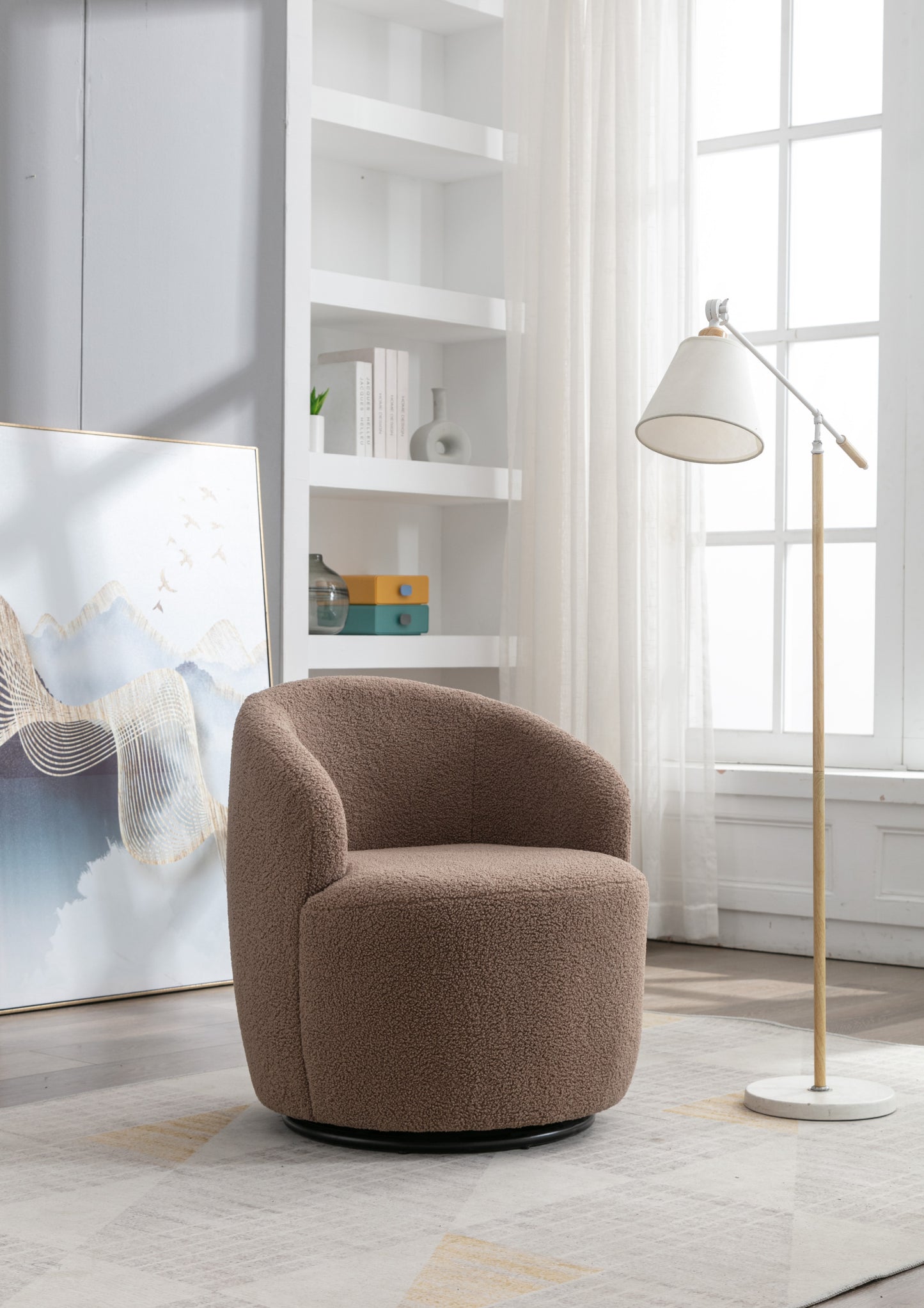 Teddy Fabric Swivel Accent Armchair Barrel Chair With Black Powder Coating Metal Ring,Coffee Brown