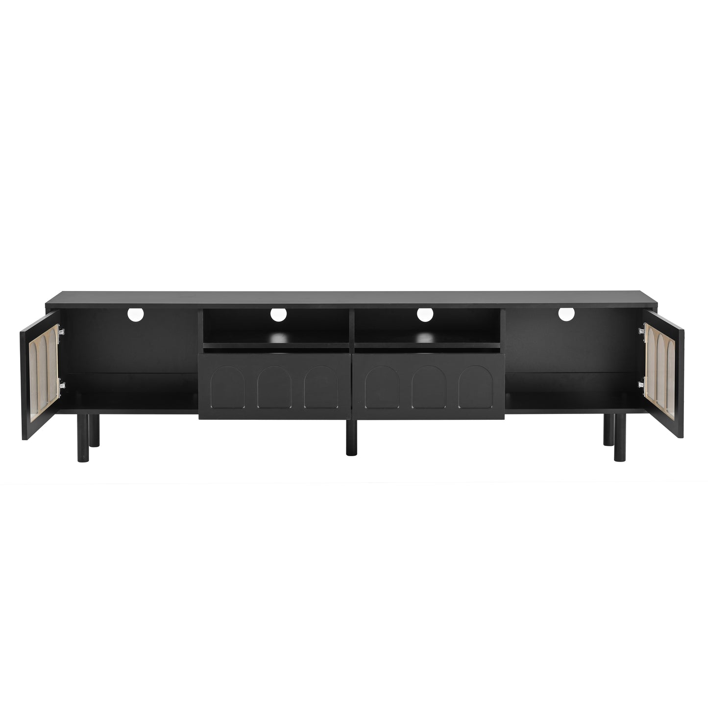 ON-TREND Cream Style TV Stand with LED Light Strip for TVs Up to 80'', Graceful Entertainment Center with 5 Solid Wood Legs, Large Storage Media Console with Fluted Tempered Glass Doors, Black