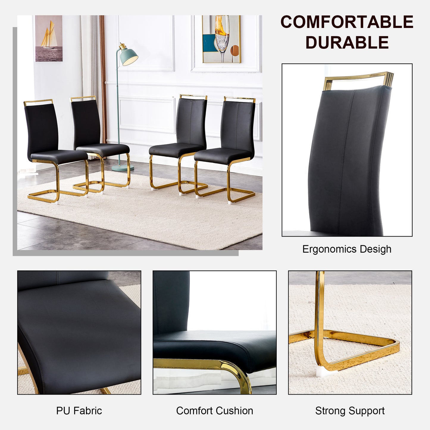 Table and chair set,Modern rectangular table with 0.4 inch black patterned tabletop and gold legs, suitable for kitchen, dining room, and living room , Comfortable PU seats,perfect for dinner, meet