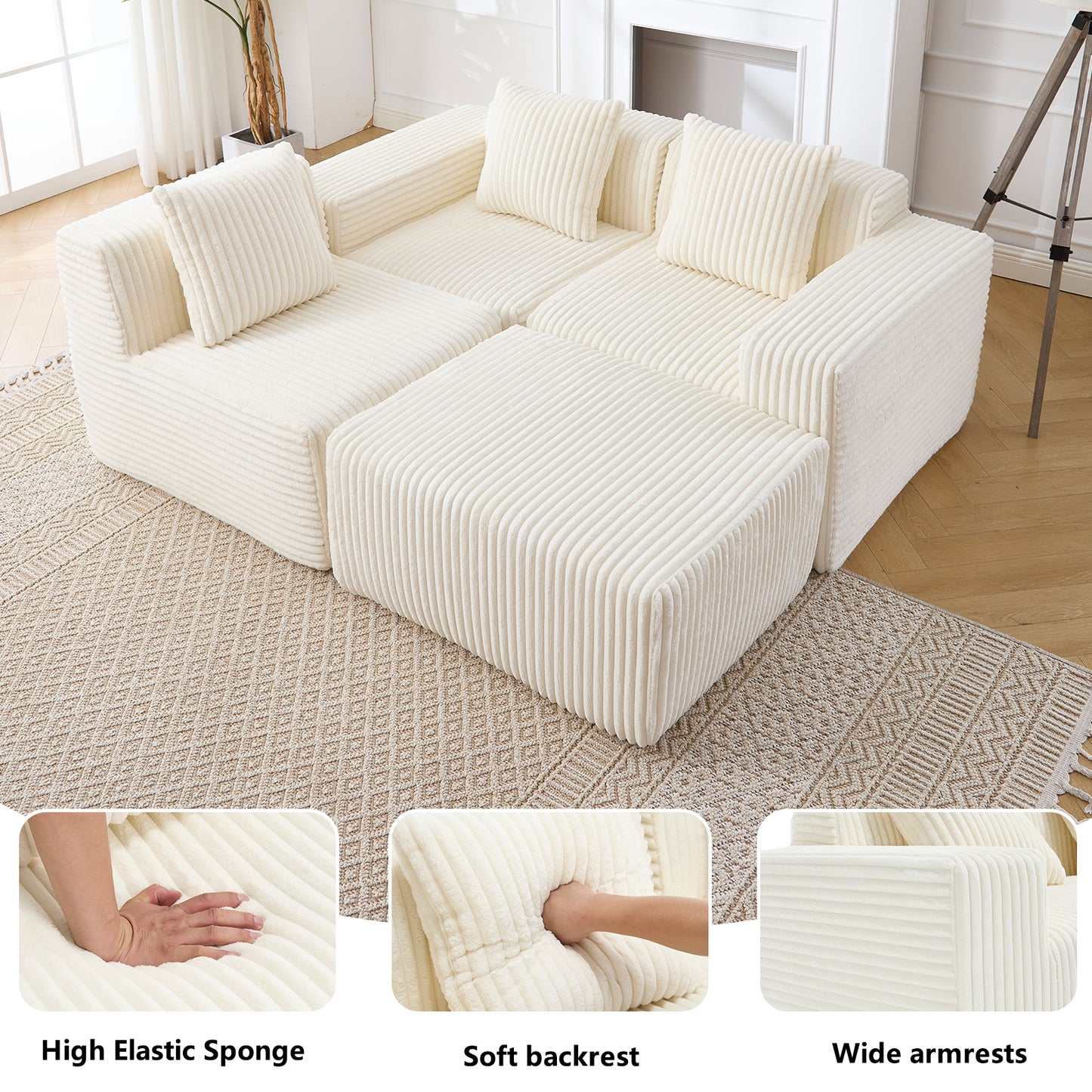 Modern Minimalist Modular Sectional Sofa, L-Shape Upholstered Cloud Couch with Deep Seats, Right Facing Chaise for Living Room-White