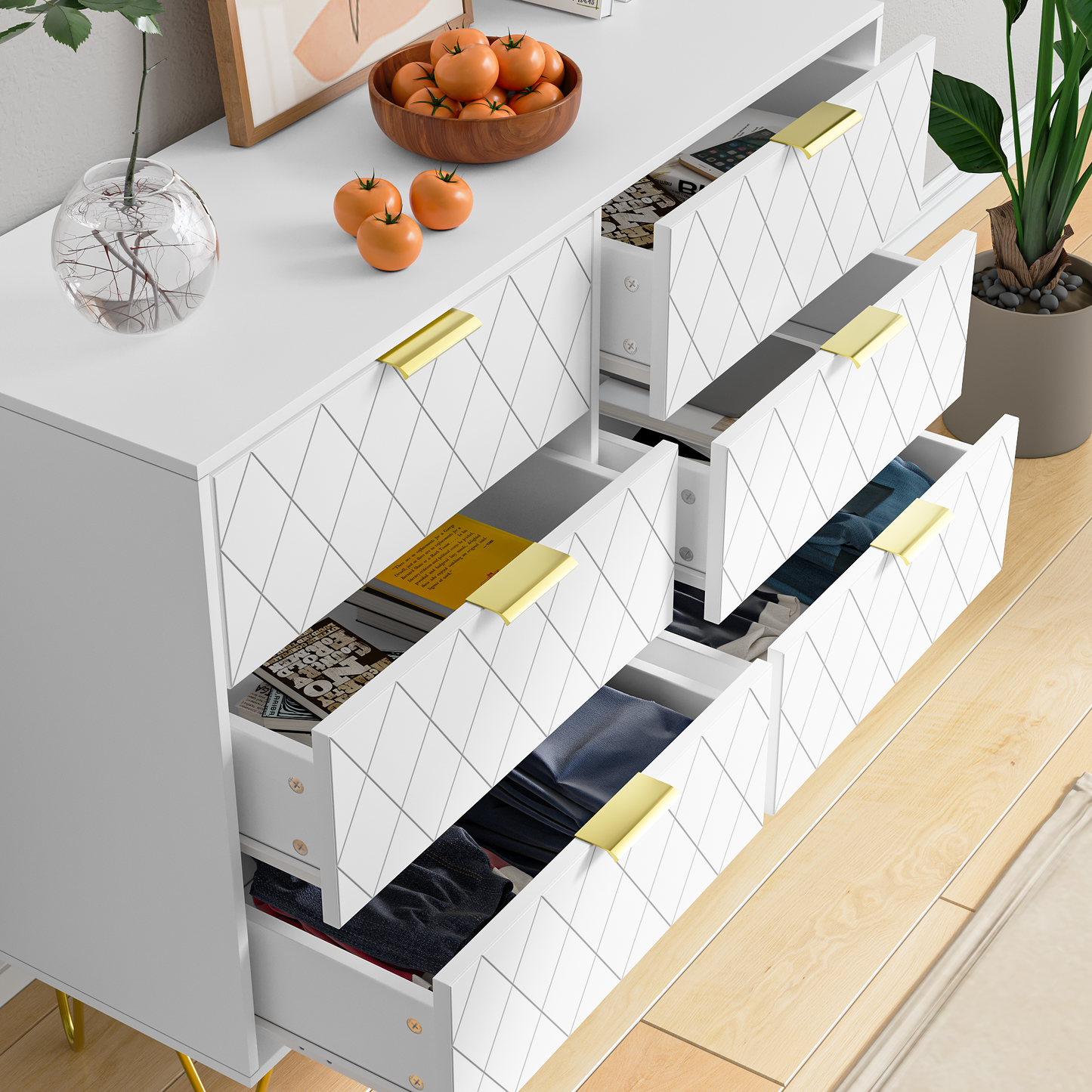 Modern white 6 Drawers for Bedroom, Small Size Wooden drawers with Gold Handles, Chest Dresser with Deep Drawers for living room
