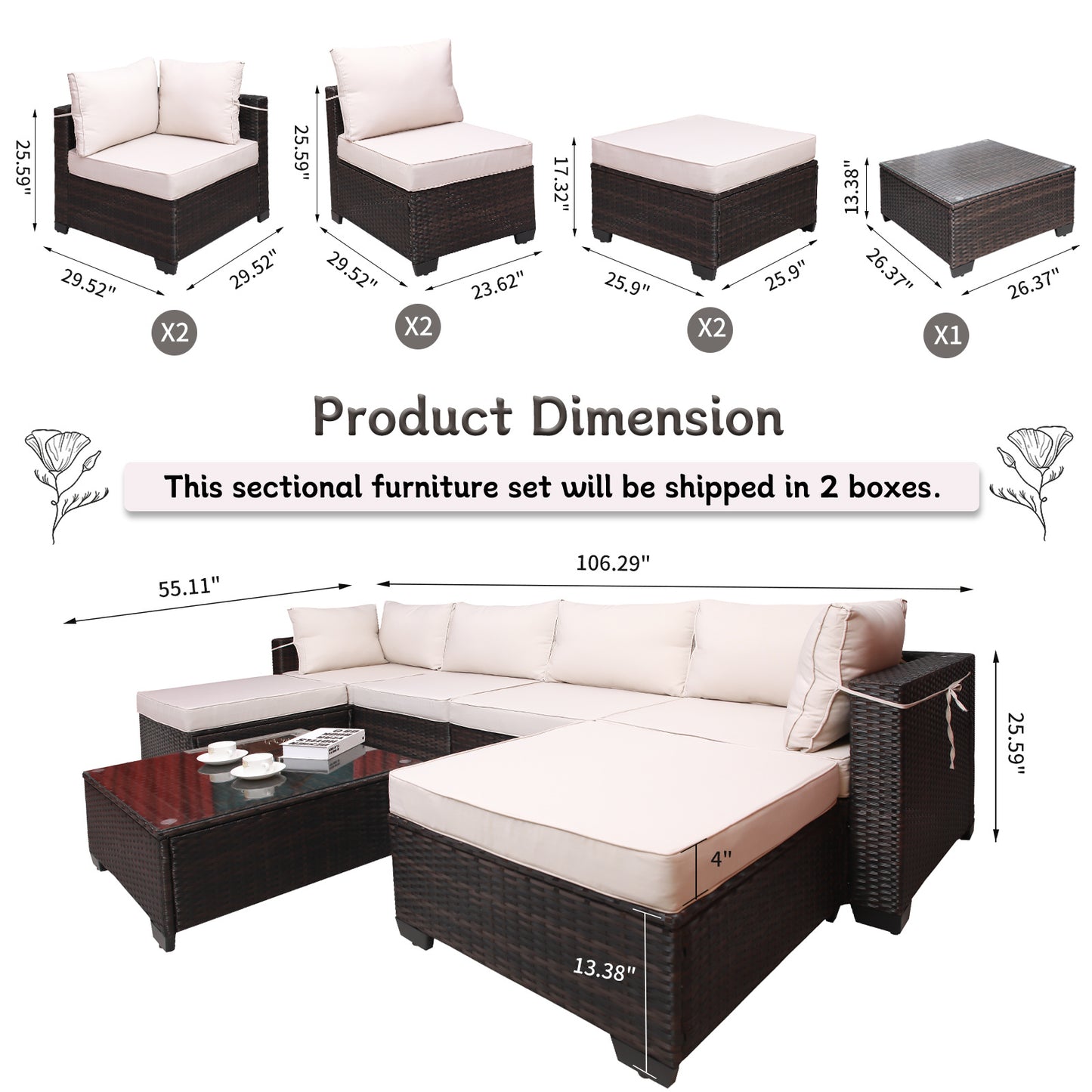 7pc Brown & Beige Patio Set – Outdoor Rattan Sectional w/ Glass Table