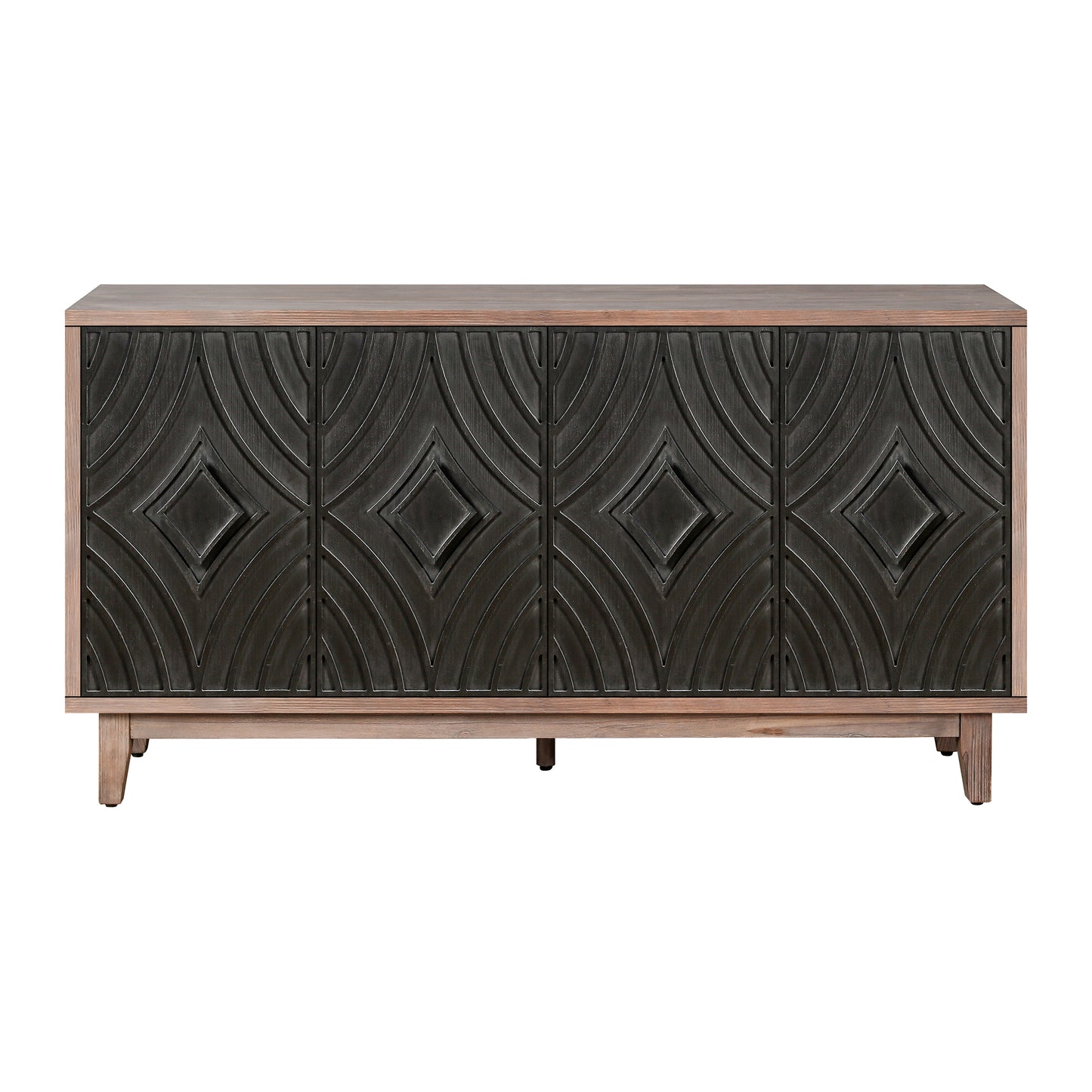 Mid Century Sideboard Buffet Cabinet with Solid Wood Legs 60" Kitchen Storage Cabinet Credenza with 4 Convex pattern diamond Doors and 2 Shelves Accent Console Table for Living Room Entrance Hall etc