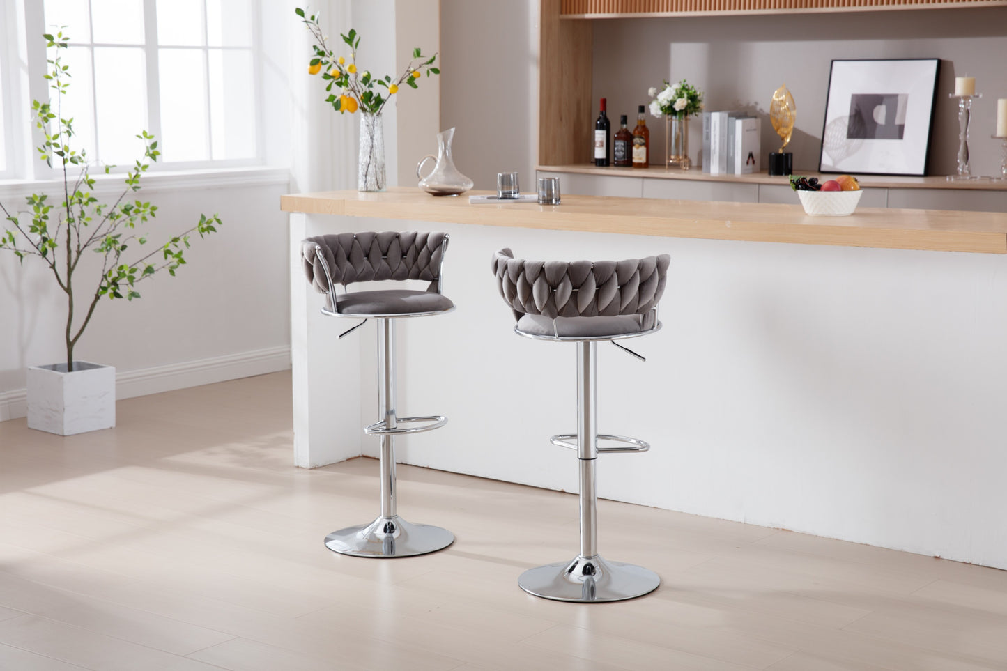 Set of 2 Bar Stools,with Chrome Footrest and Base Swivel Height Adjustable Mechanical Lifting Velvet + Bar Stool-GREY