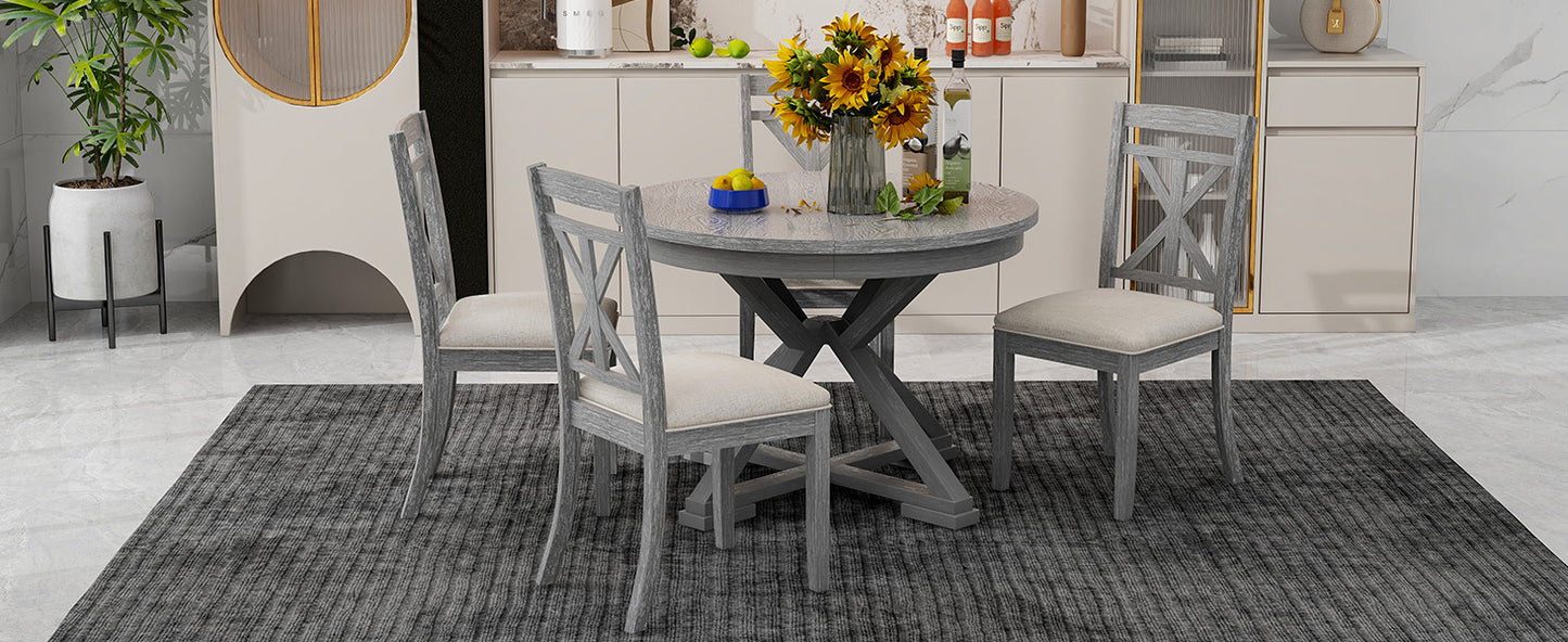 TREXM 5-Piece Retro Functional Dining Table Set Extendable Round Table and 4 Upholstered Chairs for Dining Room and Living Room (Grey)
