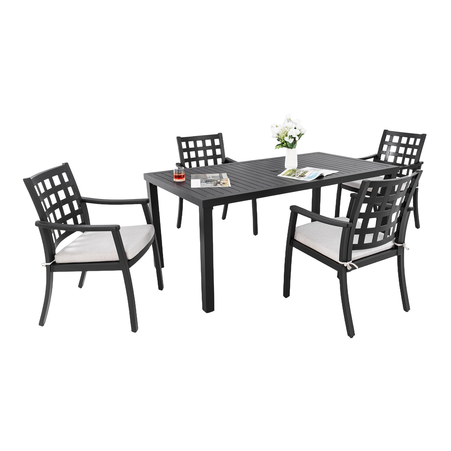 Modern Classic 5PCs Outdoor Patio Dining Set, a Rectangular Table and Four Stationary Dining Chairs, Cast Aluminum, Rust-Free, Textured Ember Black Finish, Sunbrella Cushions, Weather-Resistant