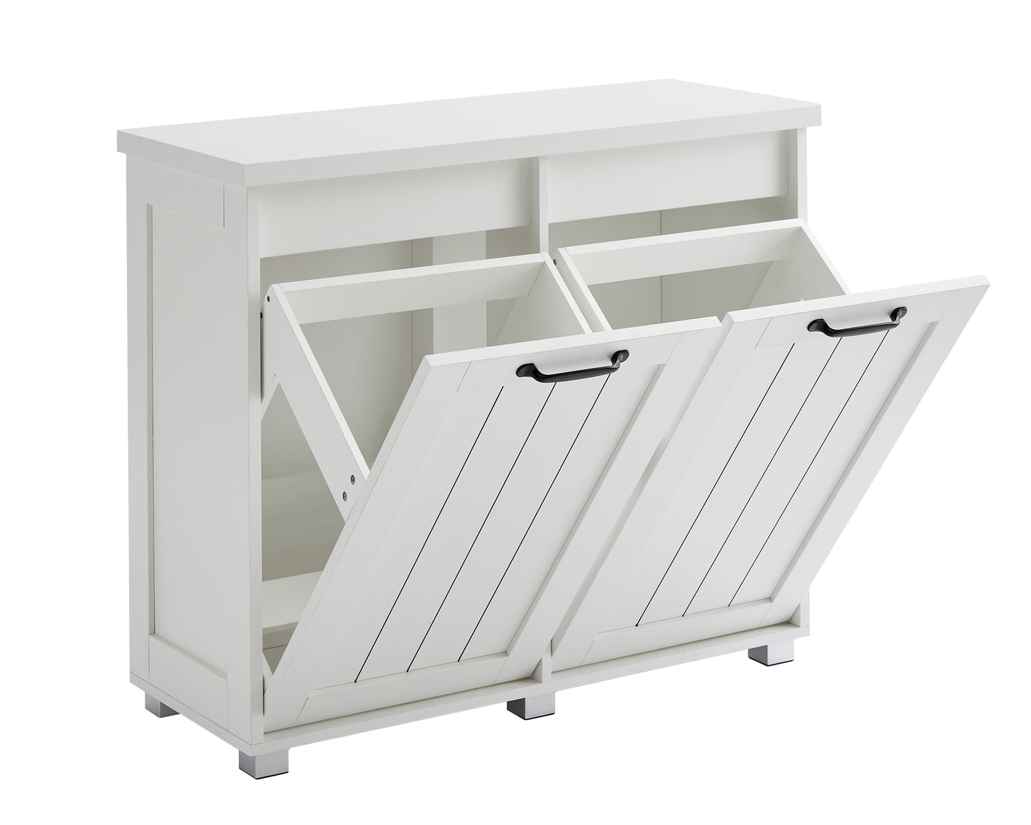 Gabinete de basura abatible de dos compartimentos, gabinete de basura de cocina a prueba de mascotas con tabla de cortar, gabinete clasificador de ropa independiente, cesto para ropa sucia, blanco