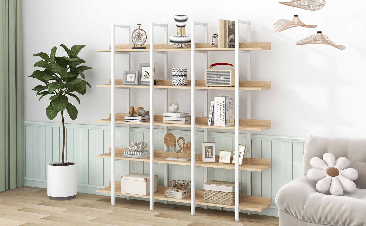 Librería de 5 niveles para oficina en casa, estilo industrial vintage, tablero de MDF, estructura de metal blanco, roble