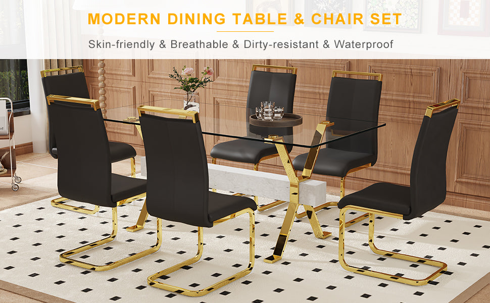 Table and chair set.Elegant Transparent Tempered Glass Dining Set - 71"x35.4" with 6 Black PU Chairs with golden C-tube metal leg.