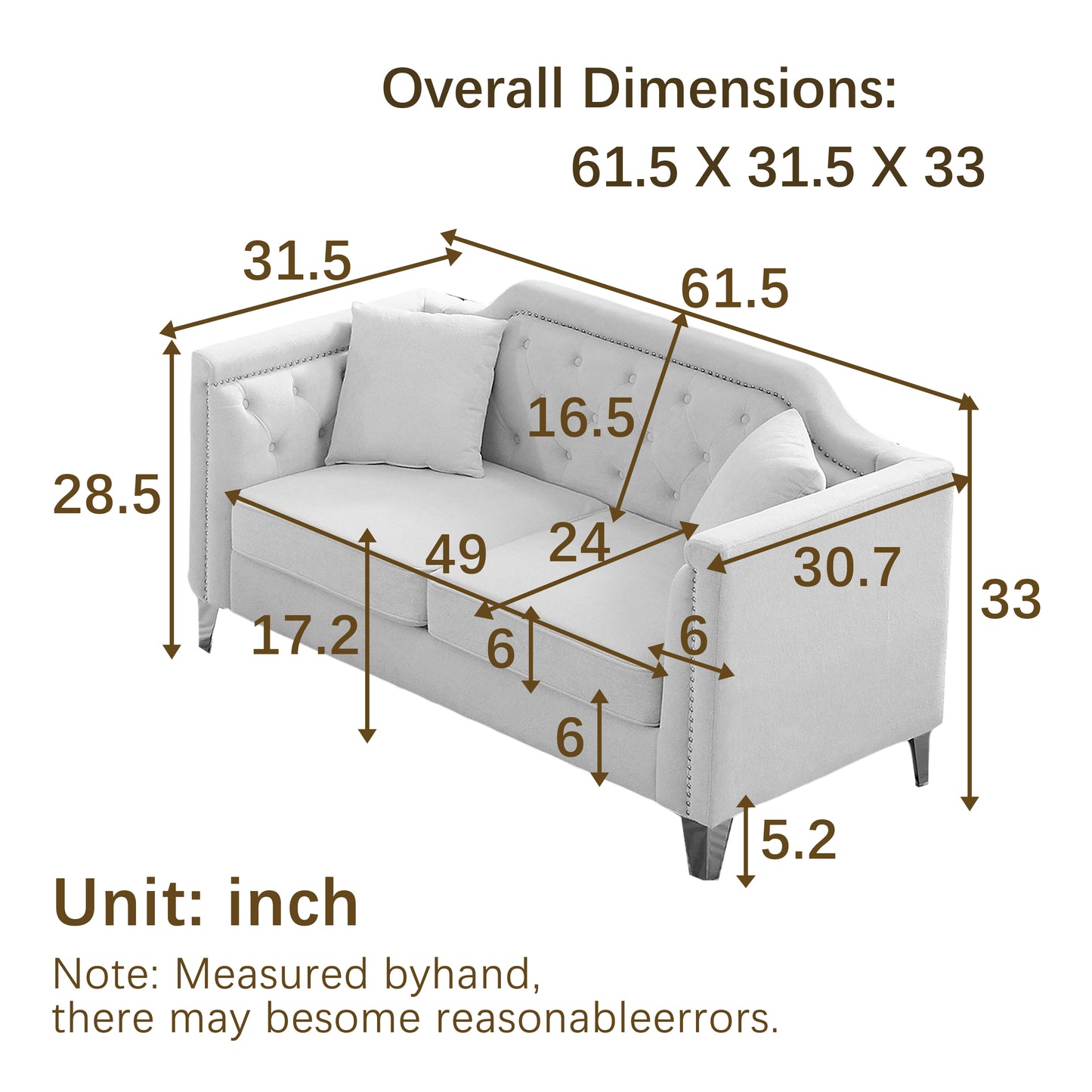 FX 61.5"Mid-century design modern sofa,Chenille Pull Buckle Design Sofa for Living Room,Buttons Tufted With Copper Nail Decoration Armrest, with 2 Pillows,Modern Couch Upholstered Button And Metal Leg