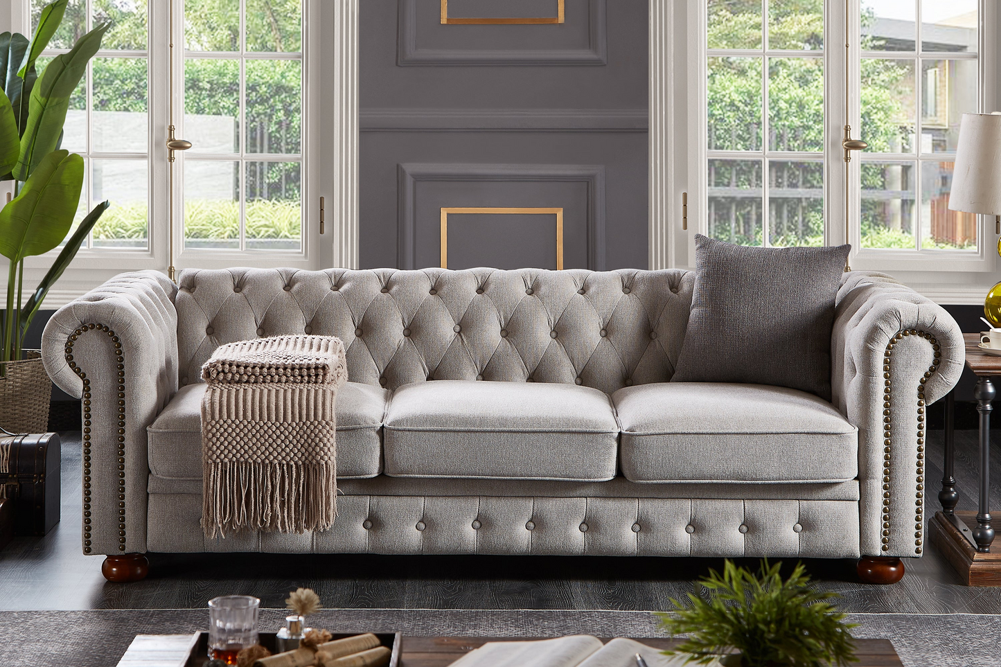 Chesterfield sofa in linen fabric (Light Grey)