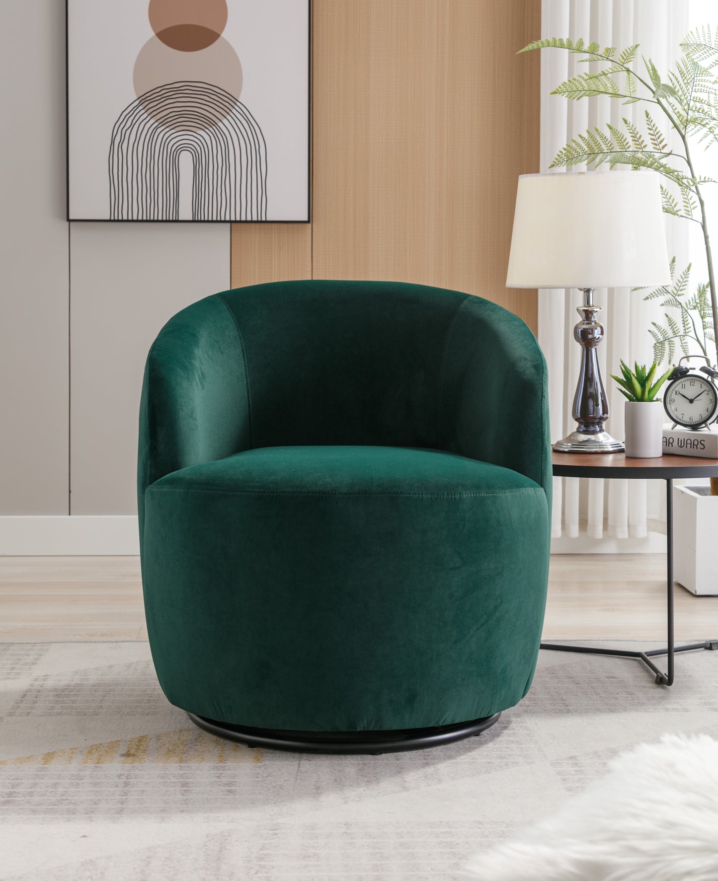 Sillón giratorio de terciopelo con acento tipo barril y aro metálico con revestimiento en polvo negro, color verde