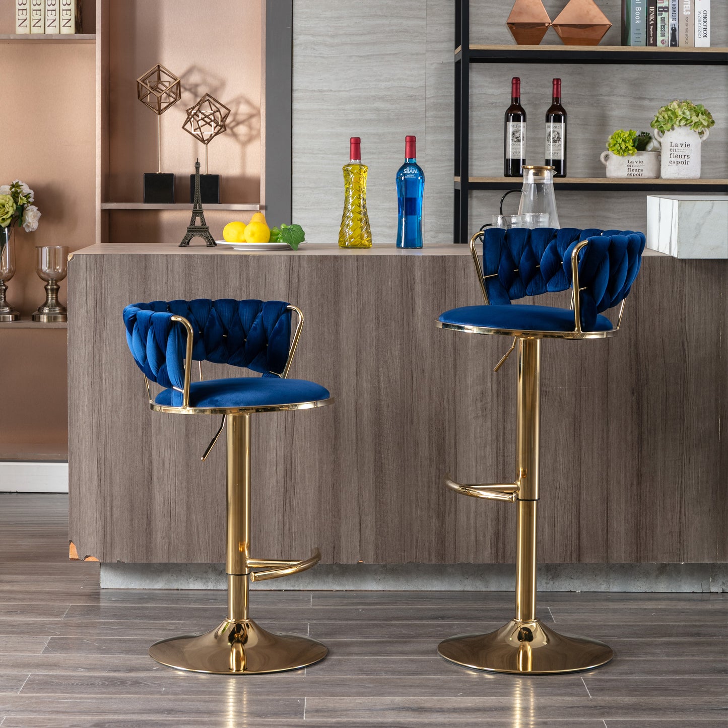 Set of 2 Bar Stools,with Chrome Footrest and Base Swivel Height Adjustable Mechanical Lifting Velvet + Golden Leg Simple Bar Stool-BLUE