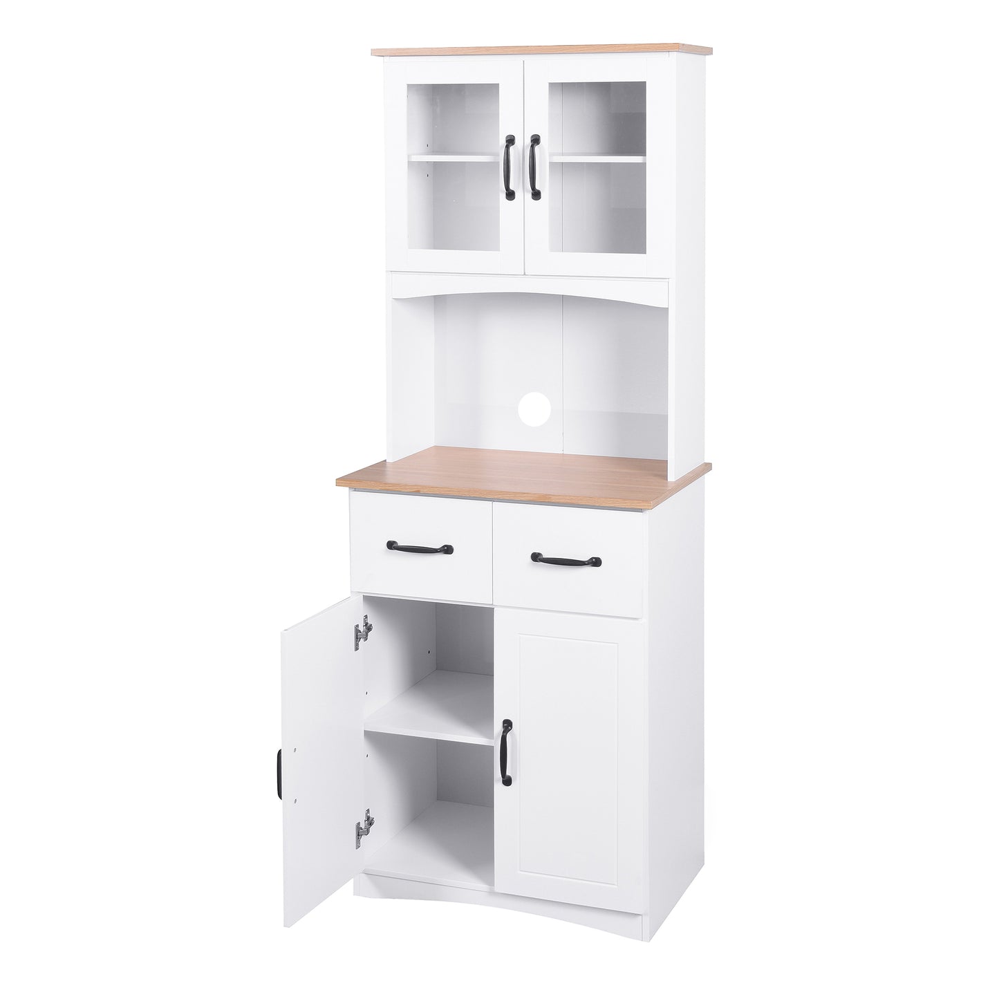 Gabinete de cocina de madera blanco para despensa, armario para microondas con puertas de vidrio enmarcadas y cajón.