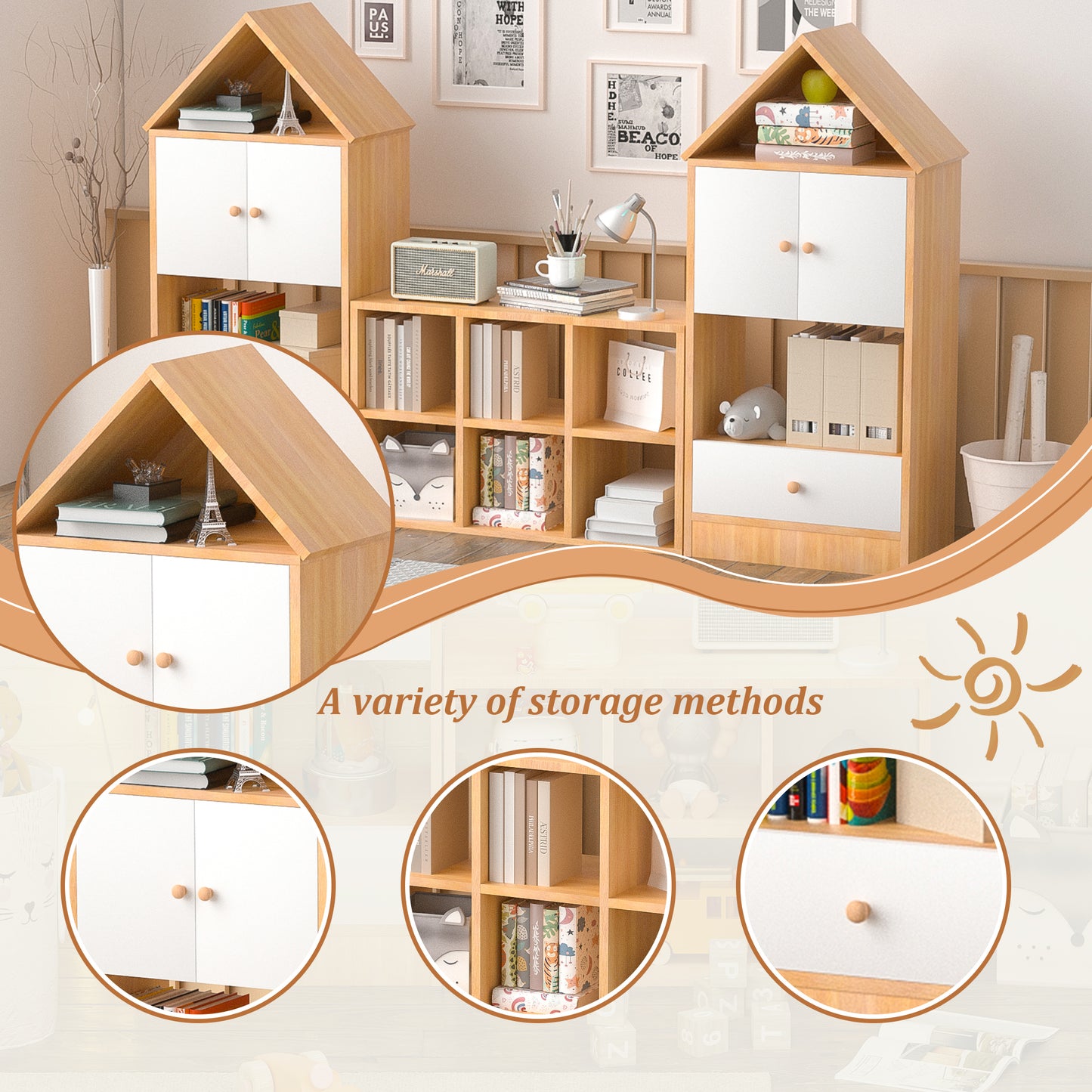 Estantería infantil versátil con diseño en forma de casa, almacenamiento multifuncional para libros y juguetes, ubicación ajustable, organizador infantil duradero para sala de juegos o dormitorio, fácil de montar y seguro para niños.
