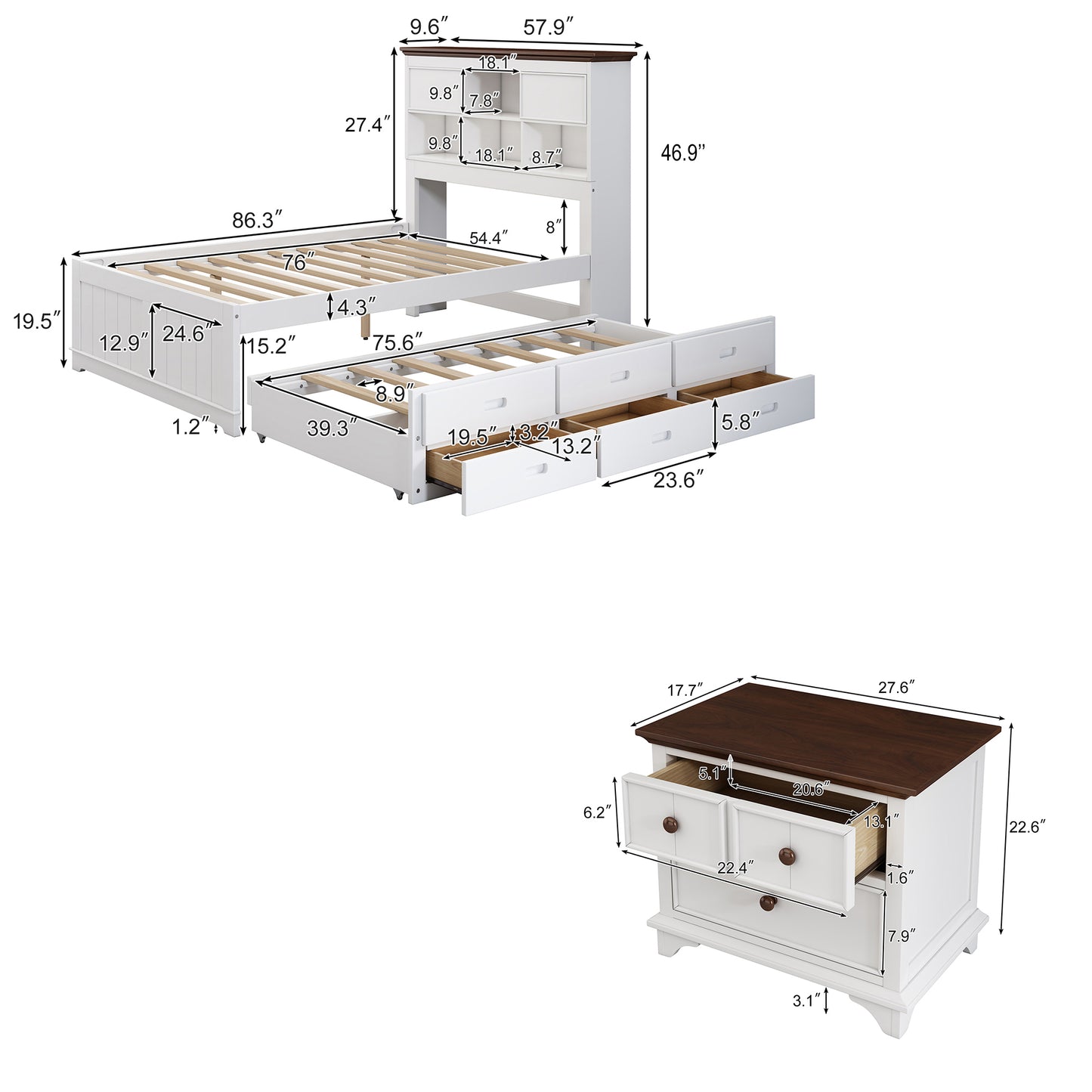 2 Pieces Wooden Captain Bedroom Set Full Bed with Trundle and Nightstand,White+Walnut