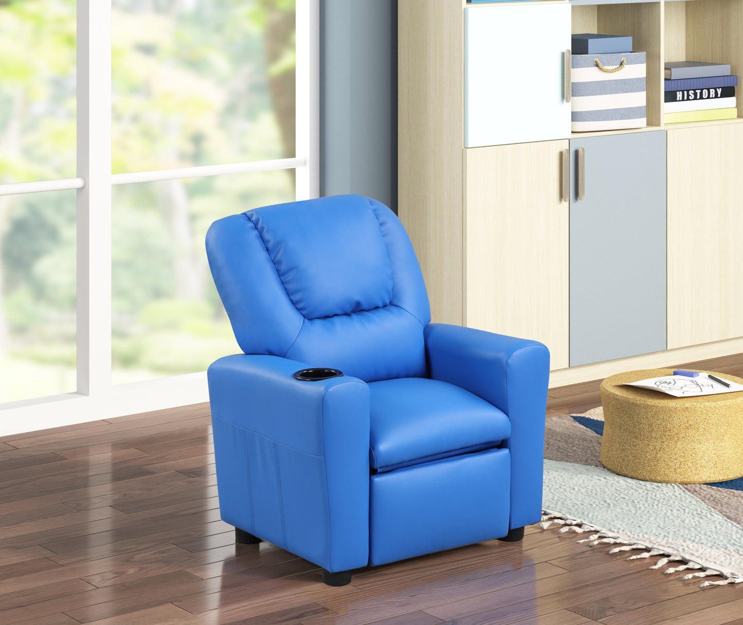 Sillón reclinable infantil Marisa de 22" de piel sintética azul con portavasos
