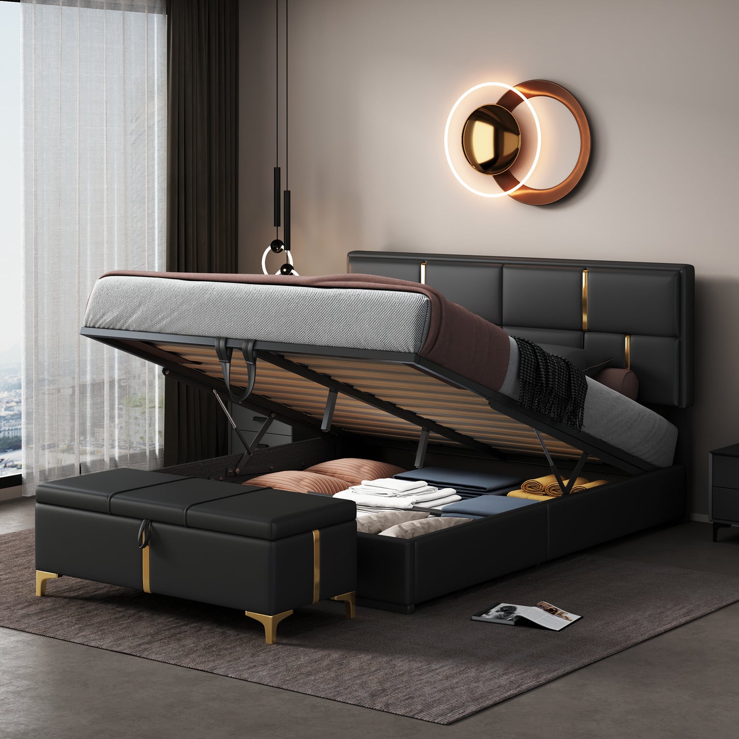 Juego de dormitorio de 2 piezas, cama Queen con plataforma tapizada y sistema de almacenamiento hidráulico, otomana con patas de metal, color negro