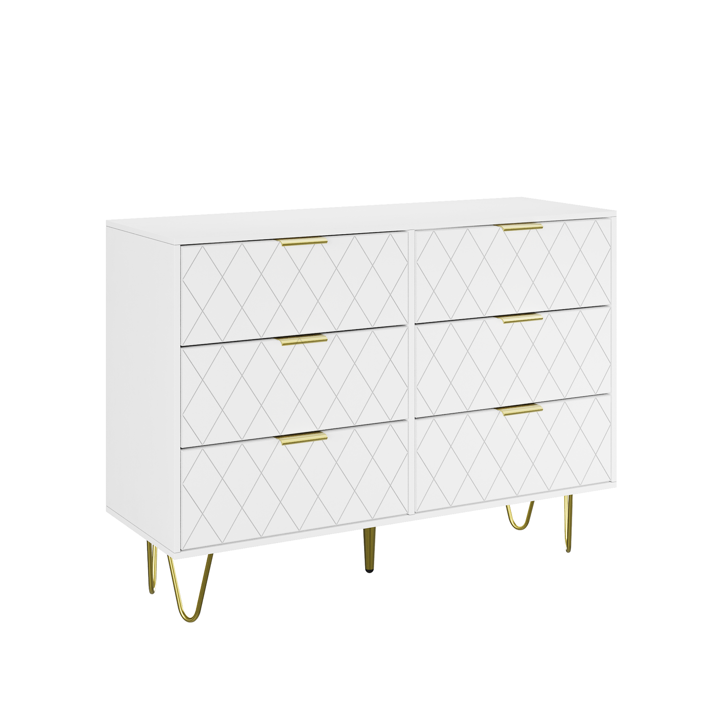 Modern white 6 Drawers for Bedroom, Small Size Wooden drawers with Gold Handles, Chest Dresser with Deep Drawers for living room