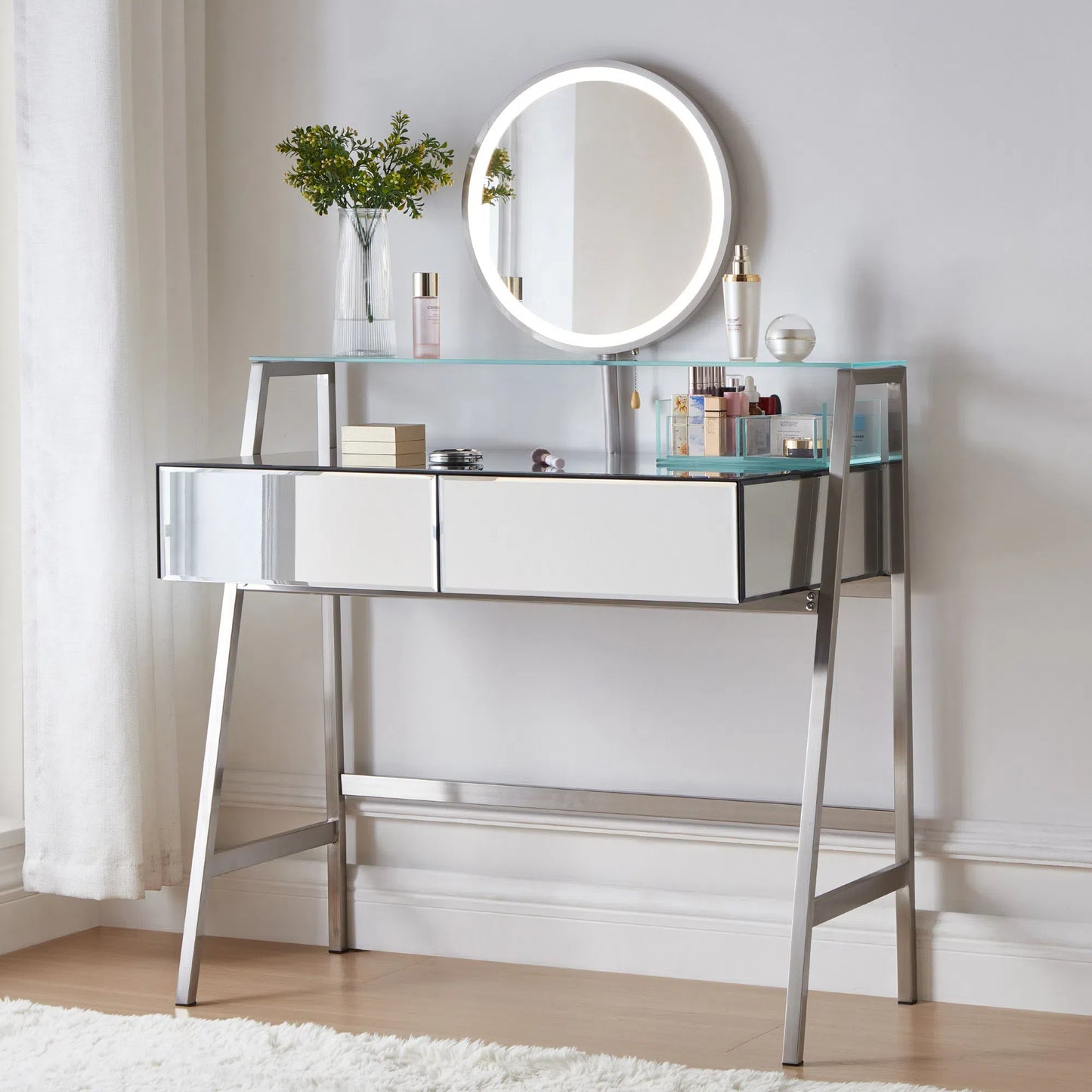 Tocador con espejo de 85 cm, espejo e iluminación, consola con espejo, 2 cajones grandes y estante abierto, tocador con estación de carga para dormitorio, color plateado