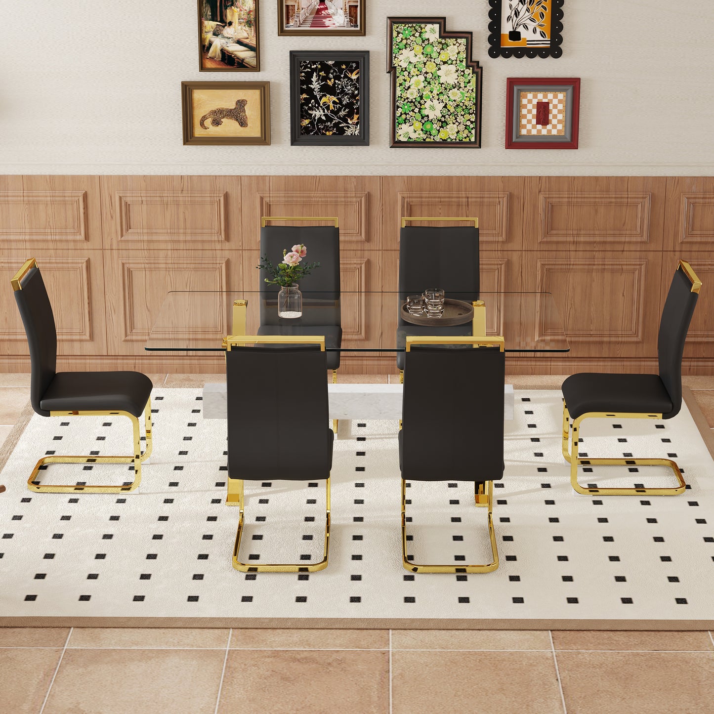 Table and chair set.Elegant Transparent Tempered Glass Dining Set - 71"x35.4" with 6 Black PU Chairs with golden C-tube metal leg.