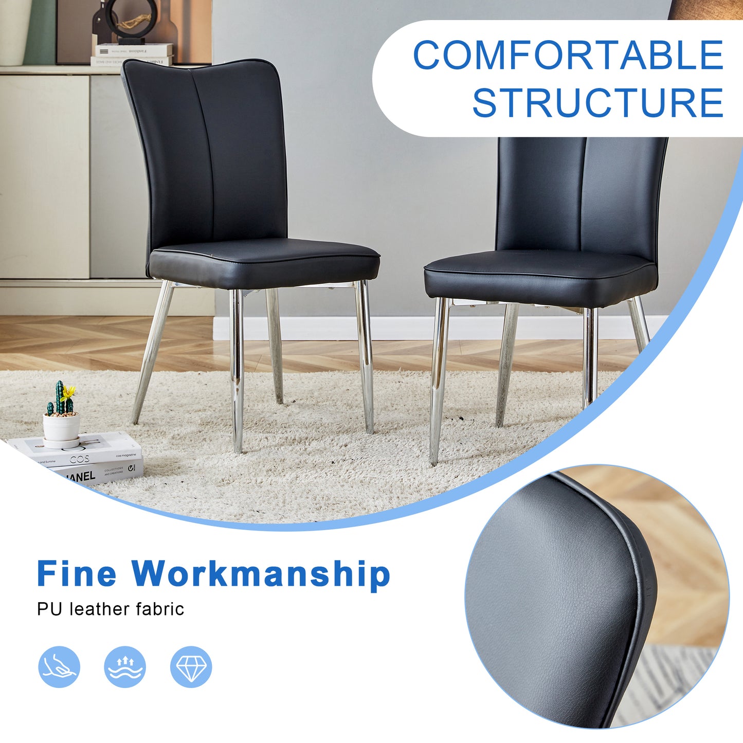 Table and chair set.Elegant Transparent Tempered Glass Dining Set - 71"x35.4" with 6 Black PU Chairs with a vertical stripe design on the backrest.