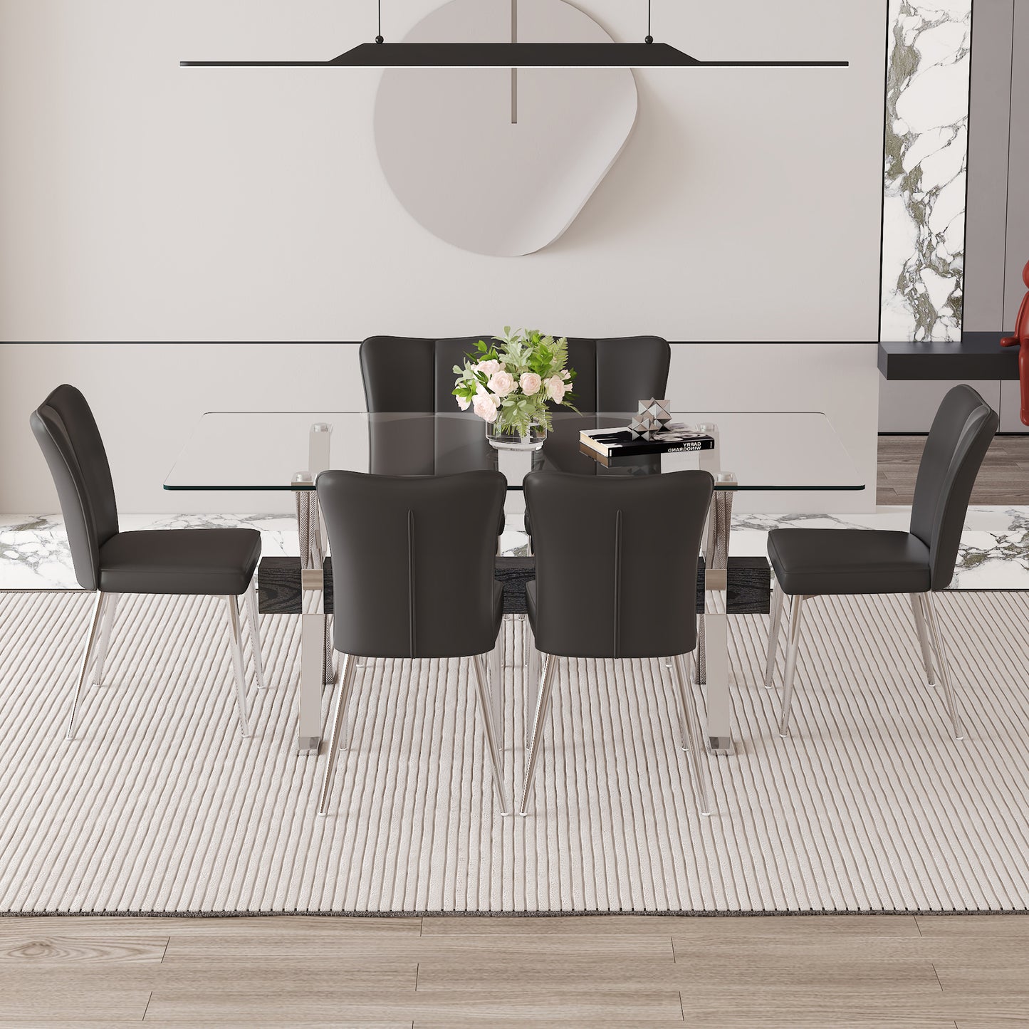 Table and chair set.Elegant Transparent Tempered Glass Dining Set - 71"x35.4" with 6 Black PU Chairs with a vertical stripe design on the backrest.