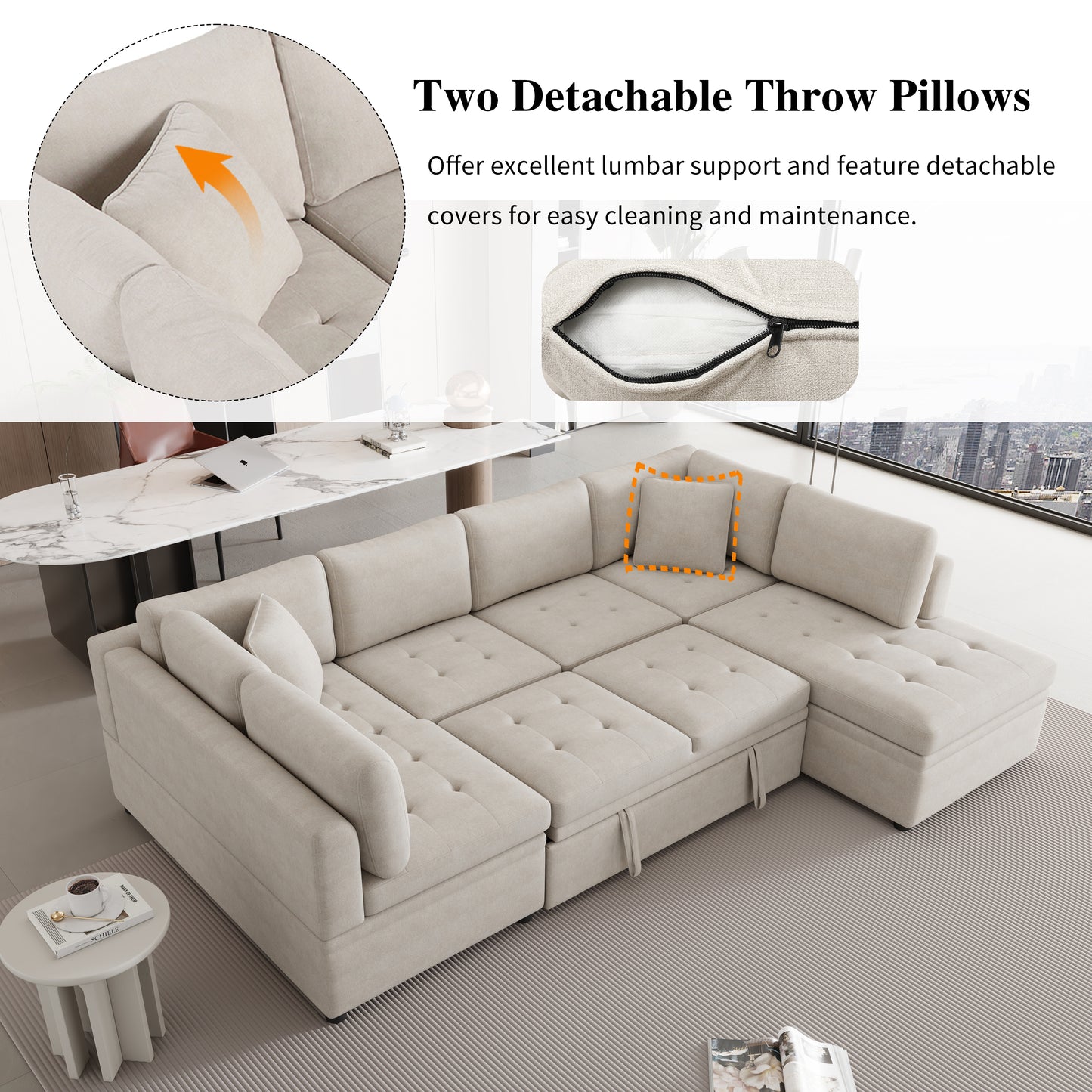 Sofá seccional extragrande de 117.3" en forma de U, sofá cama extraíble con dos cojines para sala de estar, color beige