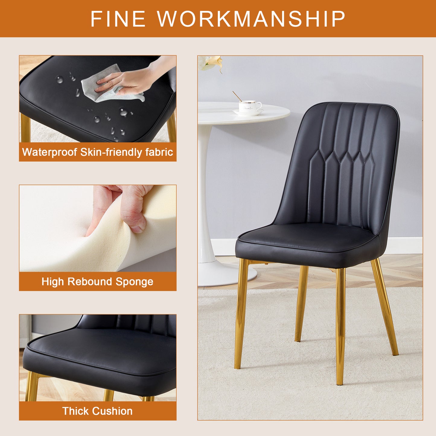 Table and chair set.36 Inch Diameter Modern Luxury Glass Dining Table and Chair Set - Gold Frame, Metal Legs.Two Black PU Chairs with Simple Line Designs On The Backrest.