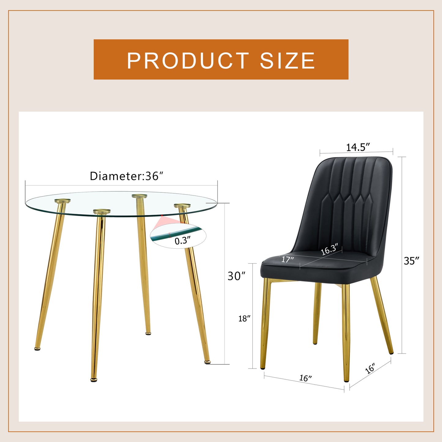 Table and chair set.36 Inch Diameter Modern Luxury Glass Dining Table and Chair Set - Gold Frame, Metal Legs.Two Black PU Chairs with Simple Line Designs On The Backrest.