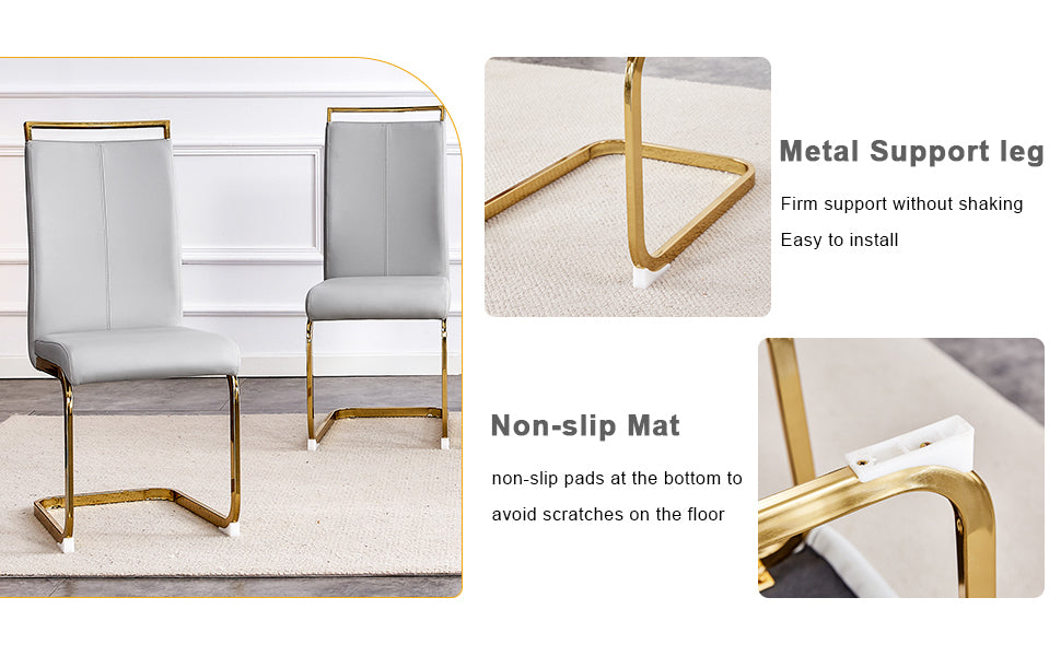Table and chair set.Subtle Luxury Clear Tempered Glass Dining Set - 71"x35.4" with 6 Light Gray PU Chairs.C-tube Gold Metal Chair Legs.Bring a comfortable home experience to the kitchen, bedroom.