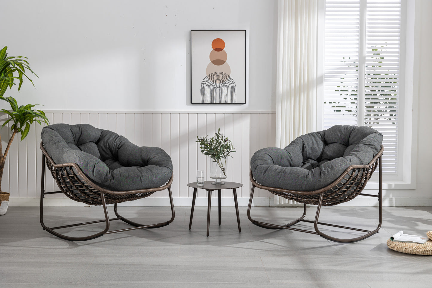 Mecedora de ratán para exterior, con cojín acolchado, reclinable, para porche, sala de estar, patio y jardín, color gris.