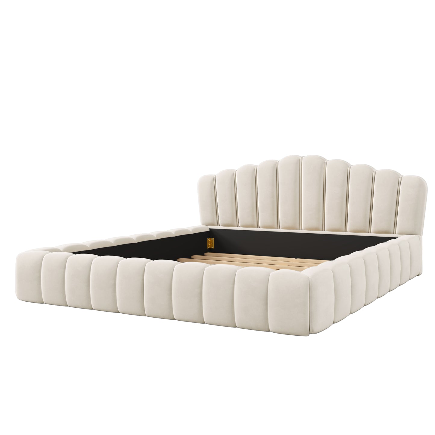 Cama Queen tapizada en terciopelo con cabecero en forma de concha para dormitorio (no necesita somier), color beige