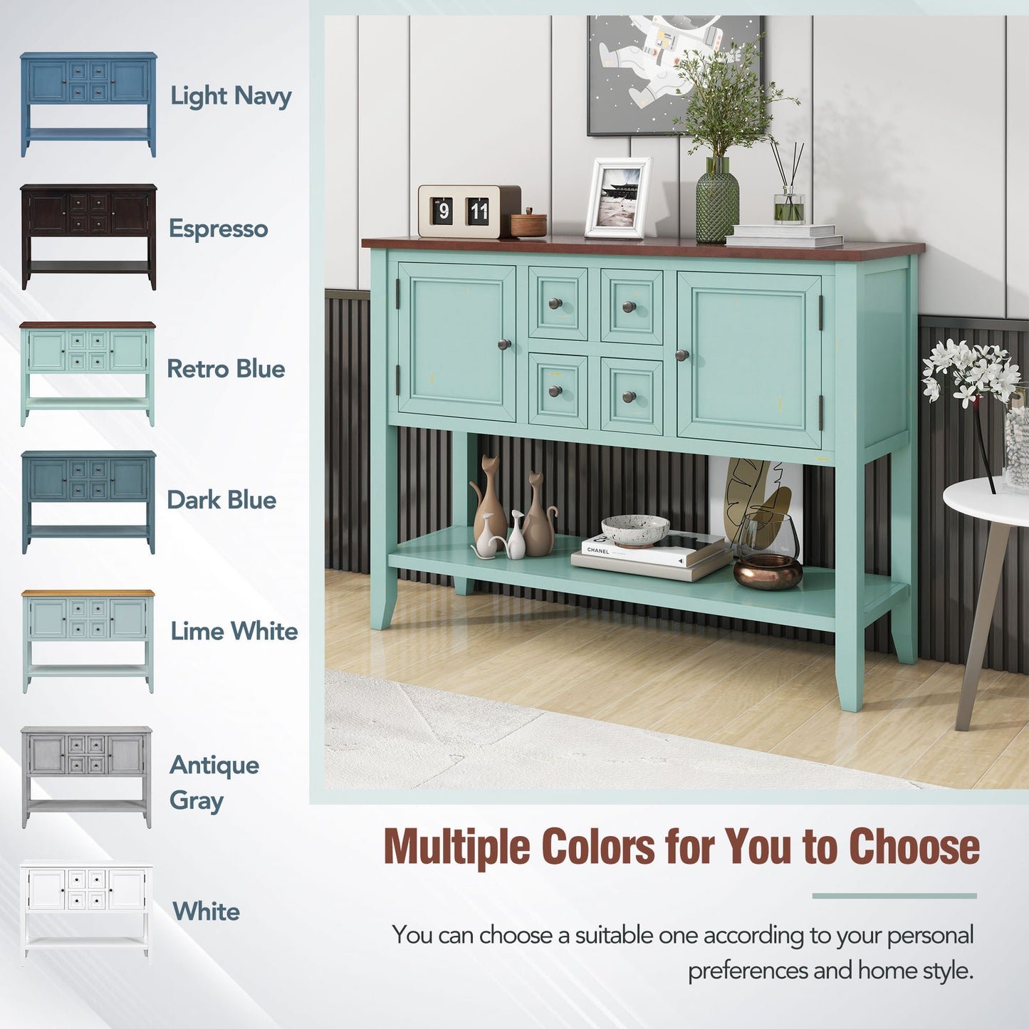 TREXM Cambridge Series Ample Storage Vintage Console Table with Four Small Drawers and Bottom Shelf for Living Rooms, Entrances and Kitchens (Retro Blue, OLD SKU: WF190263AAC)