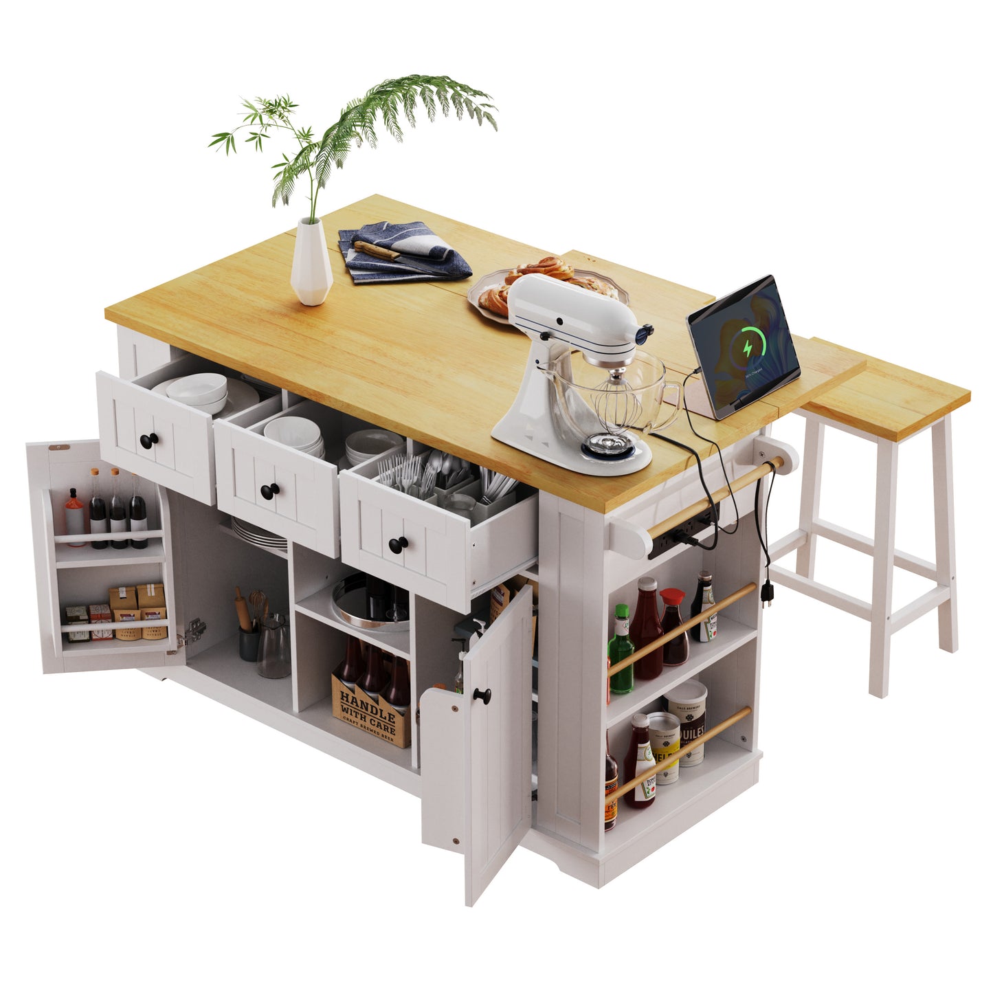 K&K 53inch Large Kitchen Island with Drop Leaf, Power Outlet, Door Internal Storage Rack, Rolling Kitchen Cart on 5 Wheels with 5 Open Side Racks for Kitchen, Dining Room,White(Not include bar stools)