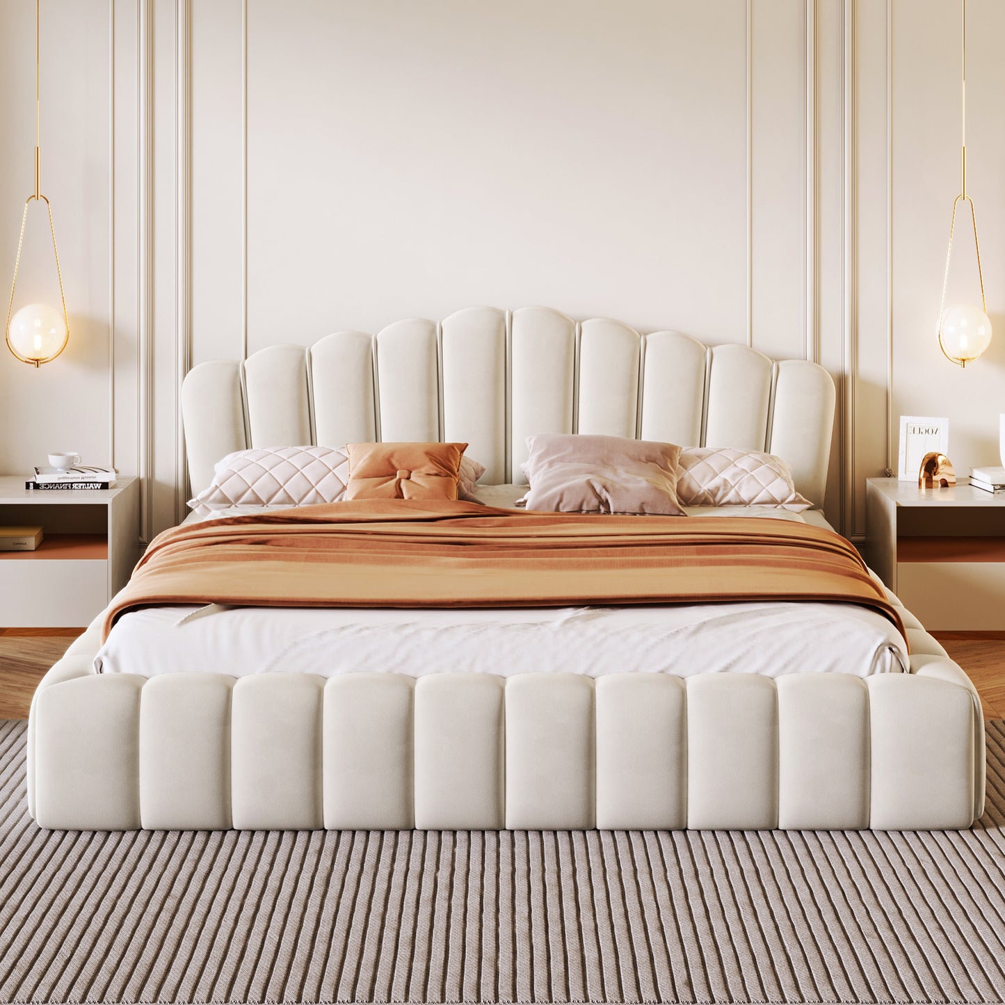Cama Queen tapizada en terciopelo con cabecero en forma de concha para dormitorio (no necesita somier), color beige