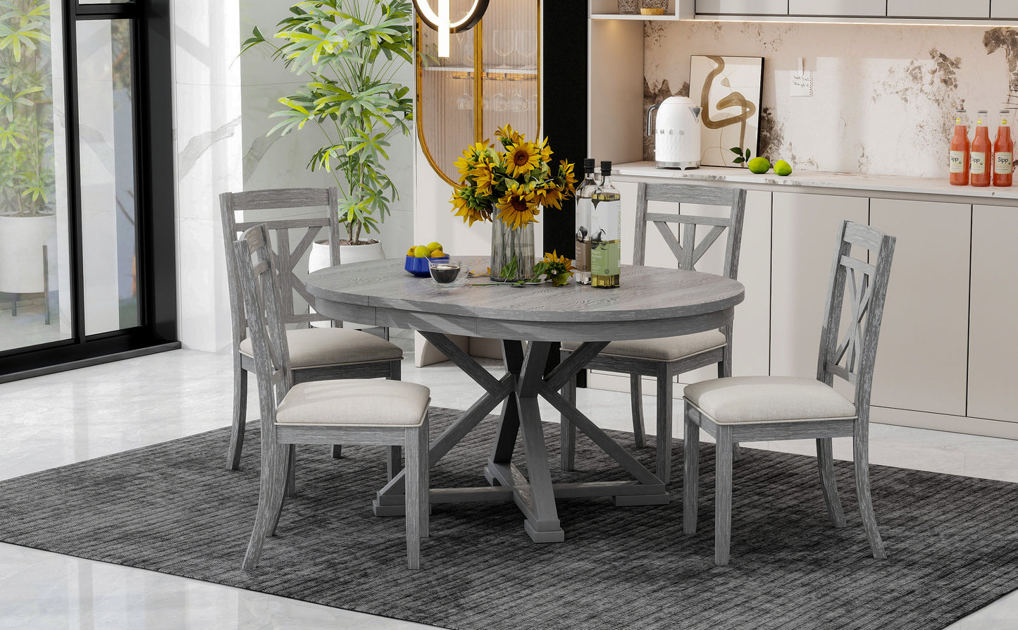TREXM 5-Piece Retro Functional Dining Table Set Extendable Round Table and 4 Upholstered Chairs for Dining Room and Living Room (Grey)